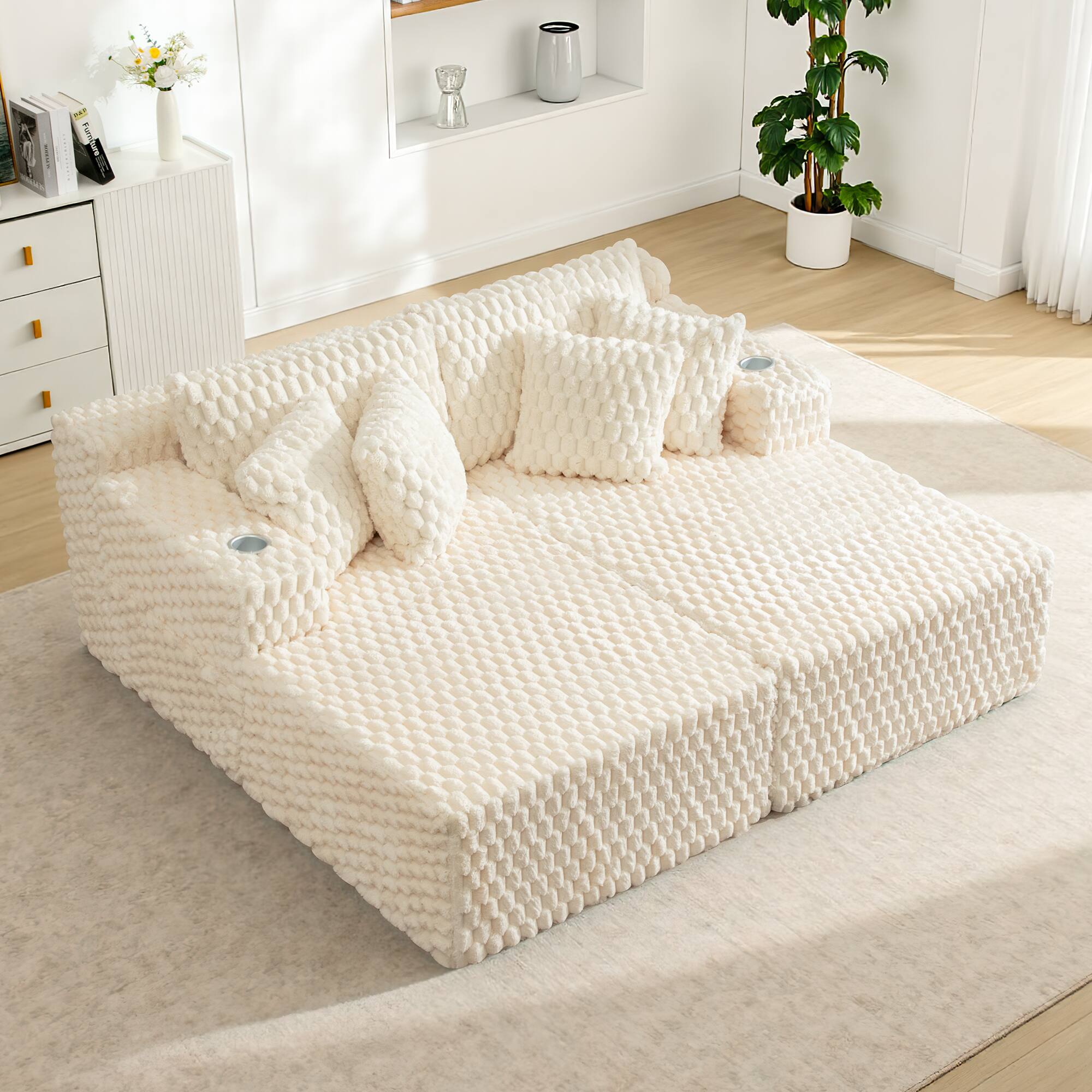 Front. KERDOM - 74'' Large Split Loveseat Chaise Lounge Couches Floor Sofa Chaise, Convertible Sleeper Sofa Bed with Pillows, Cup Holder - Beige.