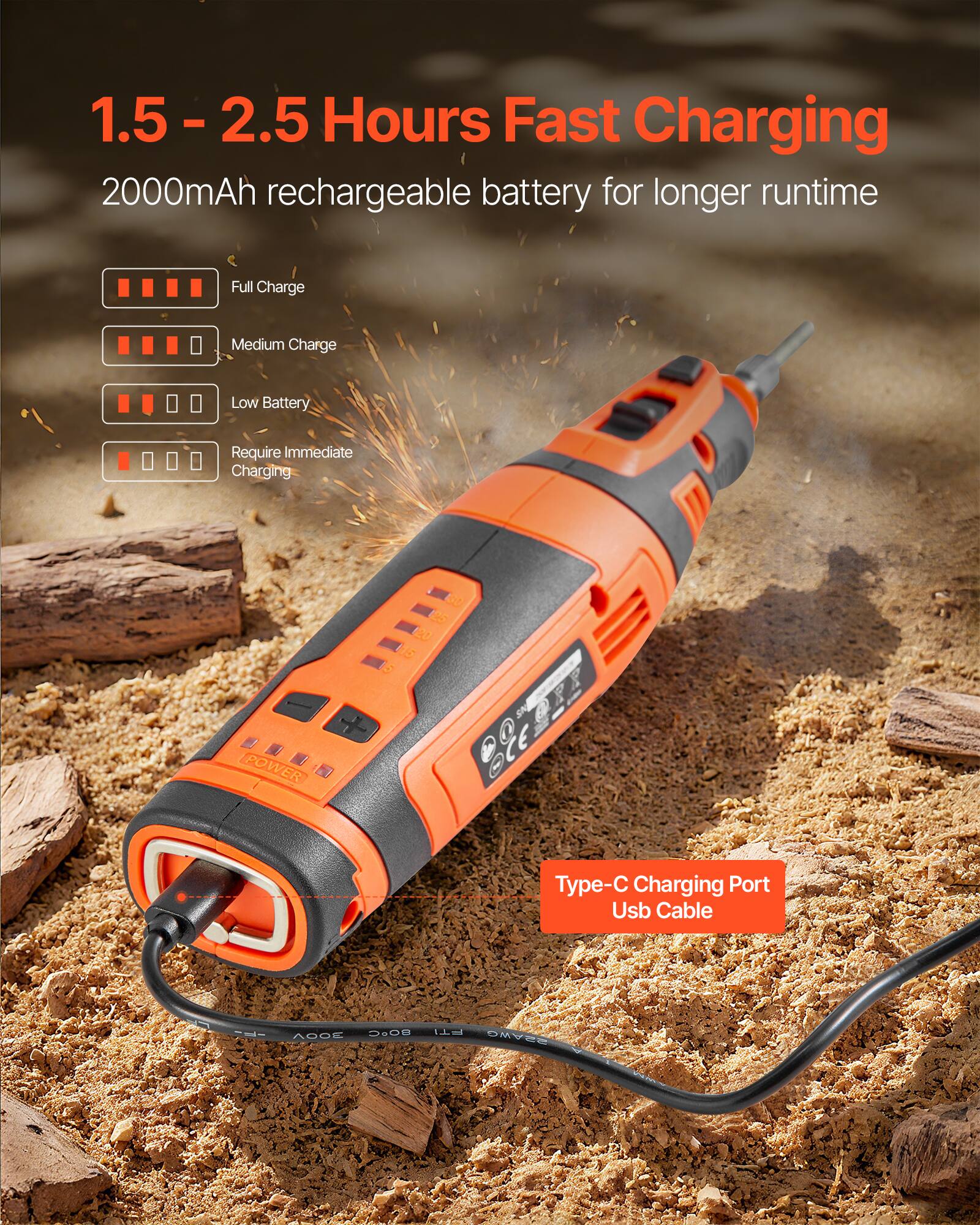 1.5 - 2.5 Hours Fast Charging  
2000mAh rechargeable battery for longer runtime  

Full Charge  
Medium Charge  
Low Battery  
Require Immediate Charging  

Type-C Charging Port  
Usb Cable  

G SA POWER  
0 ype- Charging Port Usb Cable  
FA- ADDE 280D PTI OMVEE