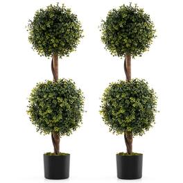 Gymax - Set of 2 Artificial Double Topiary Ball Trees 3 FT Faux Boxwood Topiary Tree - Green