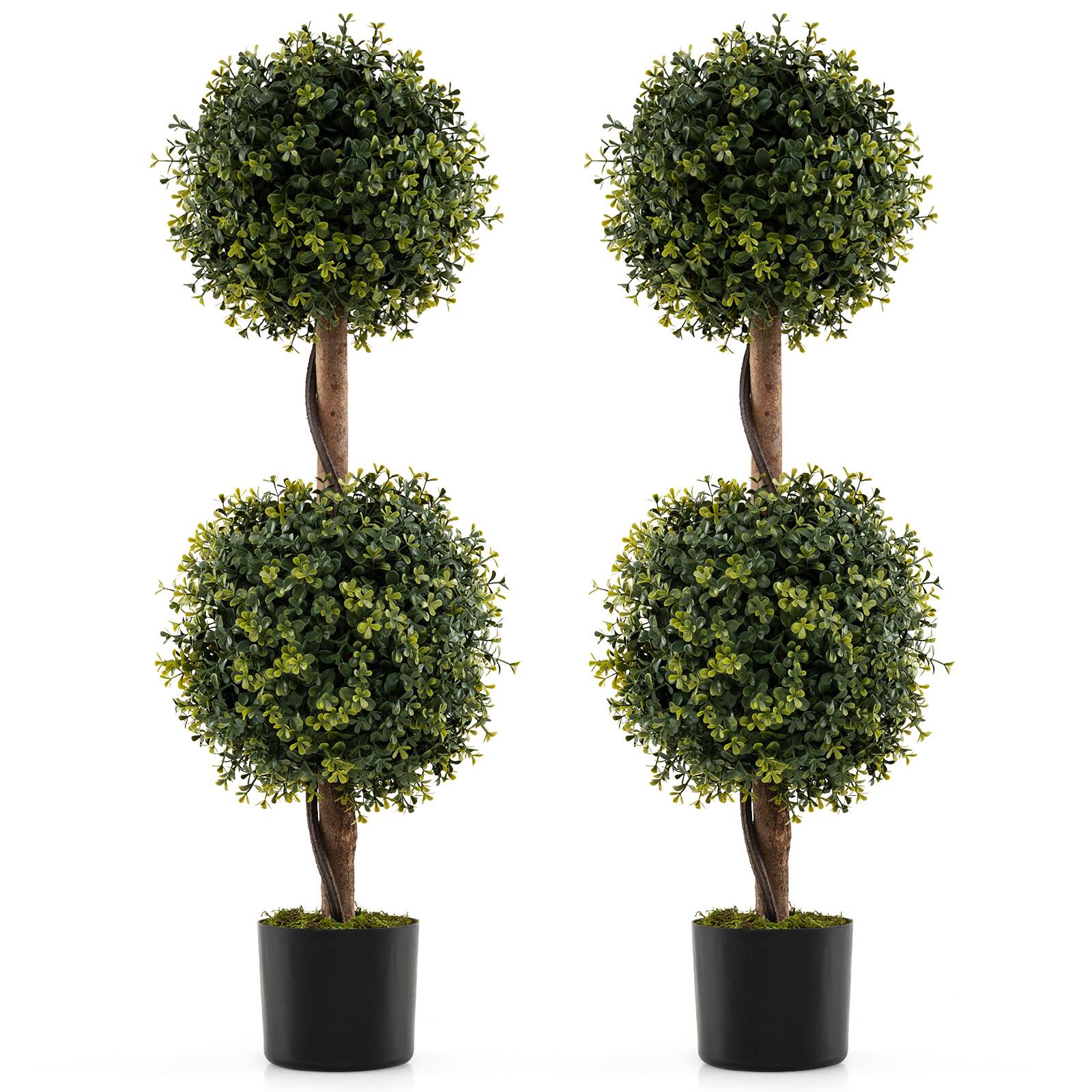Front. Gymax - Gymax Set of 2 Artificial Double Topiary Ball Trees 3 FT Faux Boxwood Topiary Tree - Green.