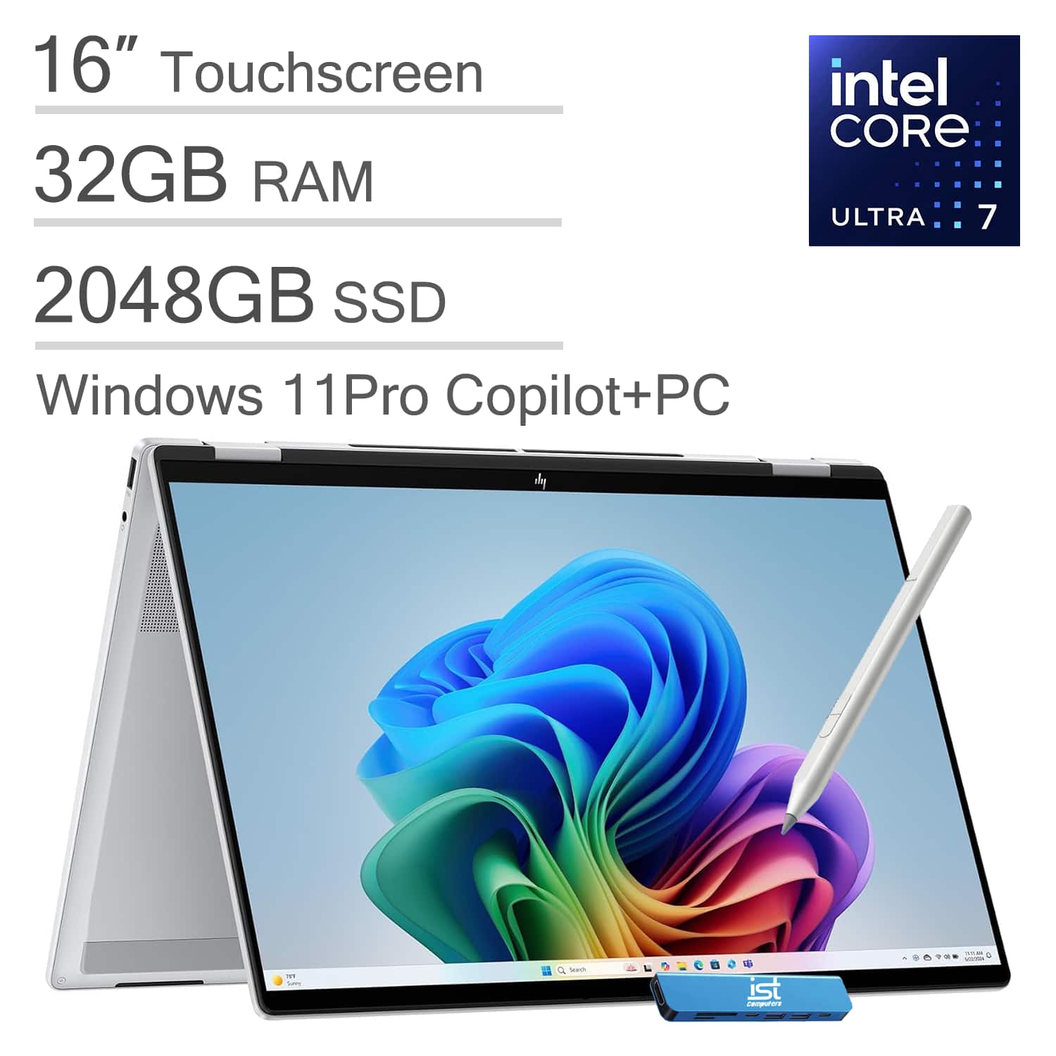 HP - OmniBook 7 Flip 2-in-1 16" WUXGA Touch Laptop - Copilot+PC - Intel Core Ultra 7 258V - 32GB RAM - 2TB SSD - Win 11Pro - Silver