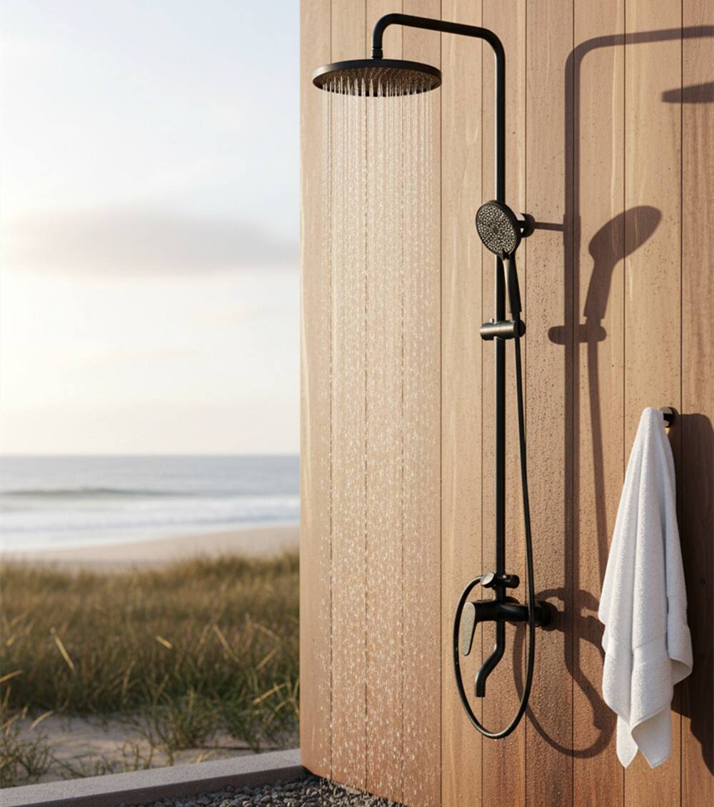 Alt View 2. Dazzed Corner - Wall Mount 3-Function Outdoor Shower Fixture with Thermometer and Brass Valve - Matte Black.