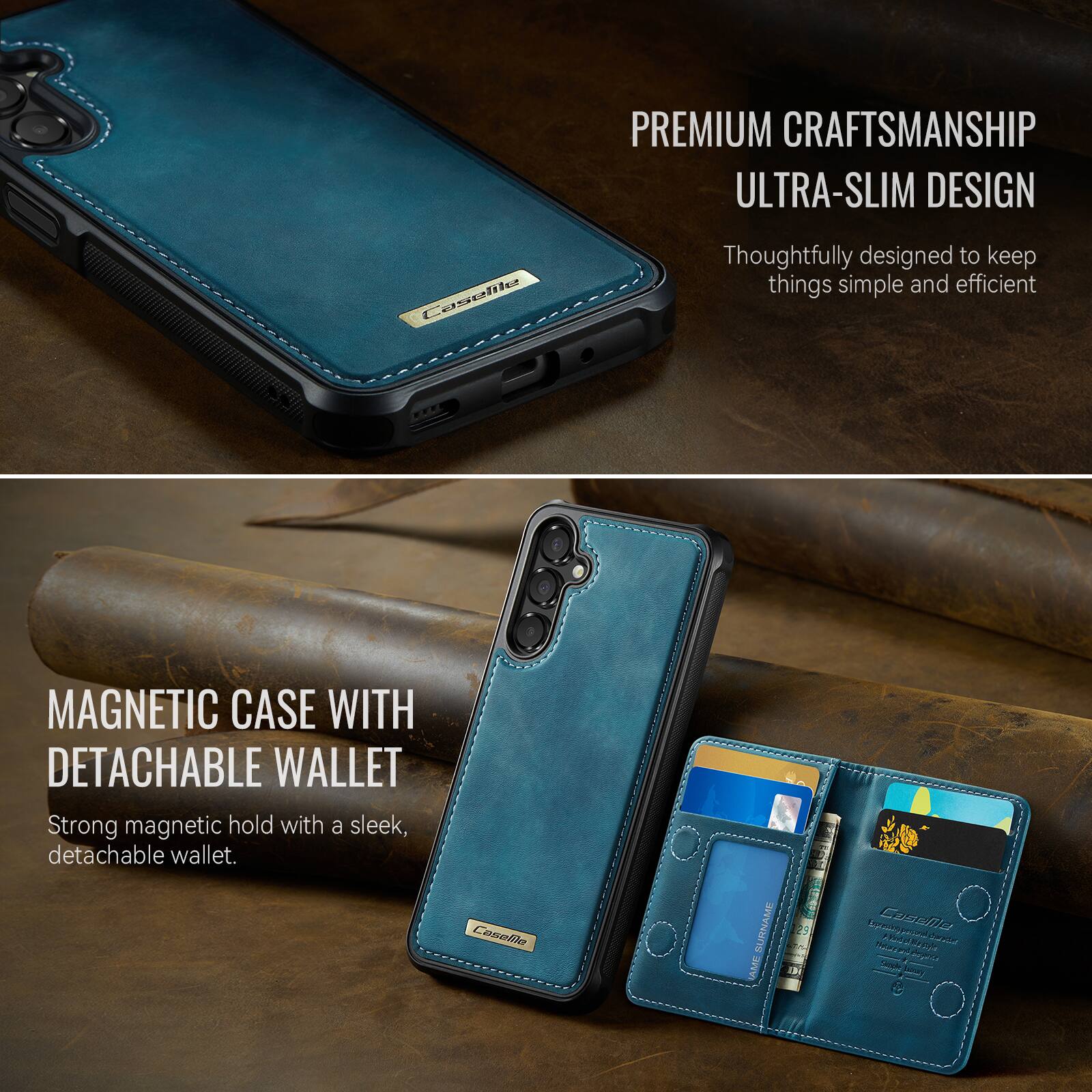 PREMIUM CRAFTSMANSHIP ULTRA-SLIM DESIGN  
Thoughtfully designed to keep things simple and efficient

MAGNETIC CASE WITH DETACHABLE WALLET  
Strong magnetic hold with a sleek, detachable wallet.