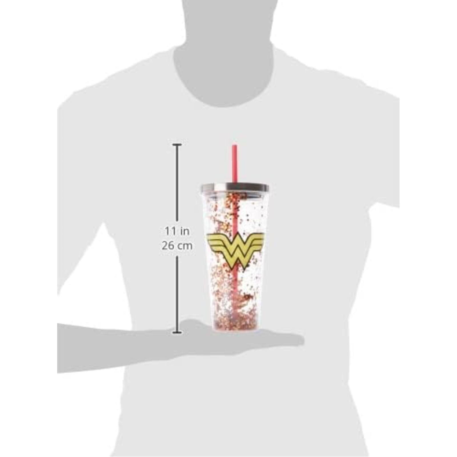 Back. Spoontiques - Spoontiques DC Comics Wonder Woman Double Walled Insulated Acrylic Tumbler Glitter Cup with Straw 20 ounce - Multicolor.