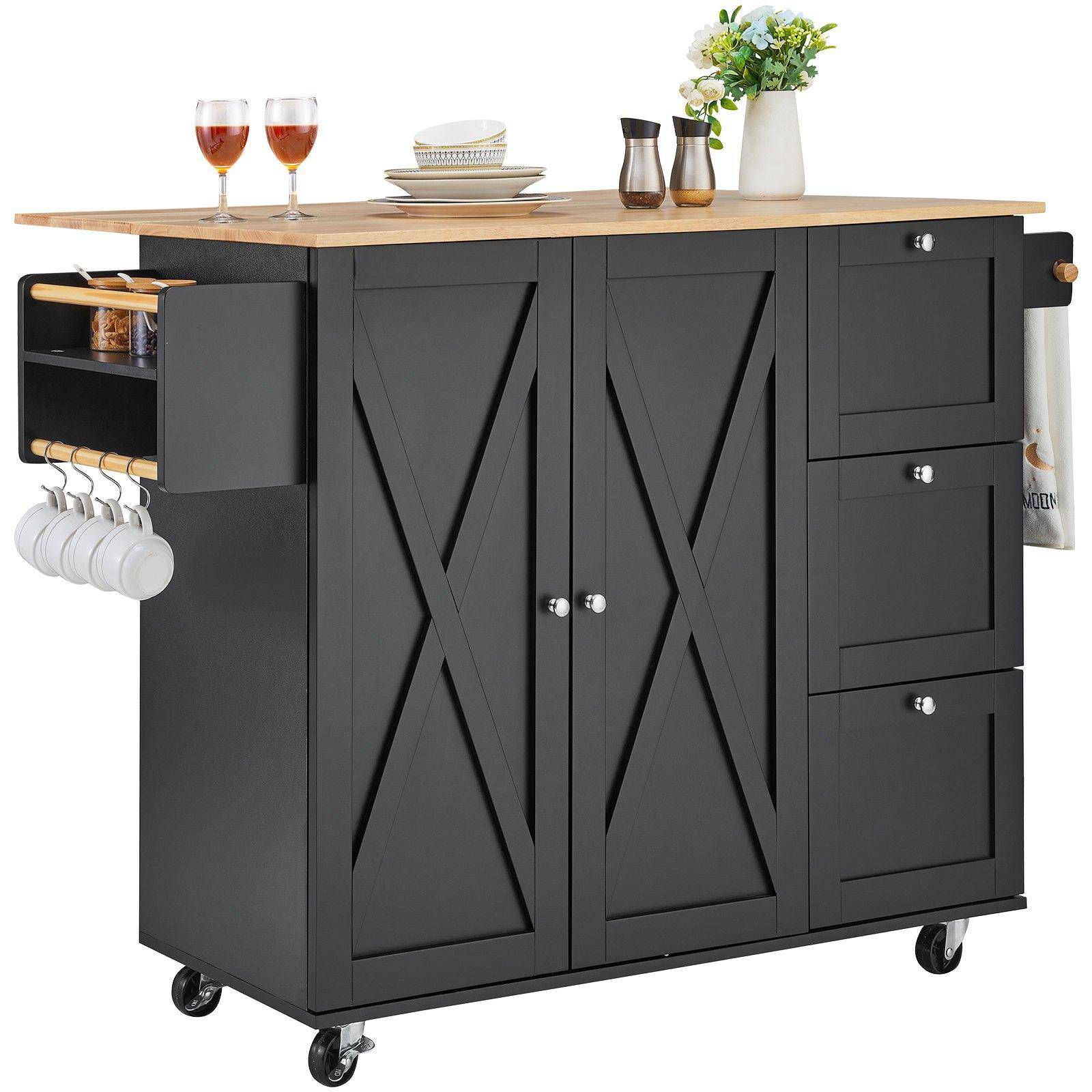 Alt View 8. Glintex - Kitchen Island Cart, 56" Wood Top Mobile Storage Cabinet with Drop Leaf, Drawer, Adjustable Shelf, Spice Rack and Hooks - Black.