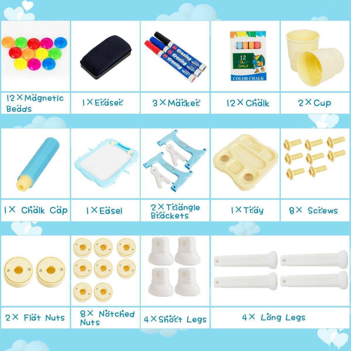 - 12 x Magnetic Beads
- 1 x Eraser
- 3 x Marker
- 12 x Chalk
- 2 x Cup
- 1 x Chalk Cap
- 1 x Easel
- 2 x Triangle Brackets
- 1 x Tray
- 8 x Screws
- 2 x Flat Nuts
- 8 x Notched Nuts
- 4 x Short Legs
- 4 x Long Legs