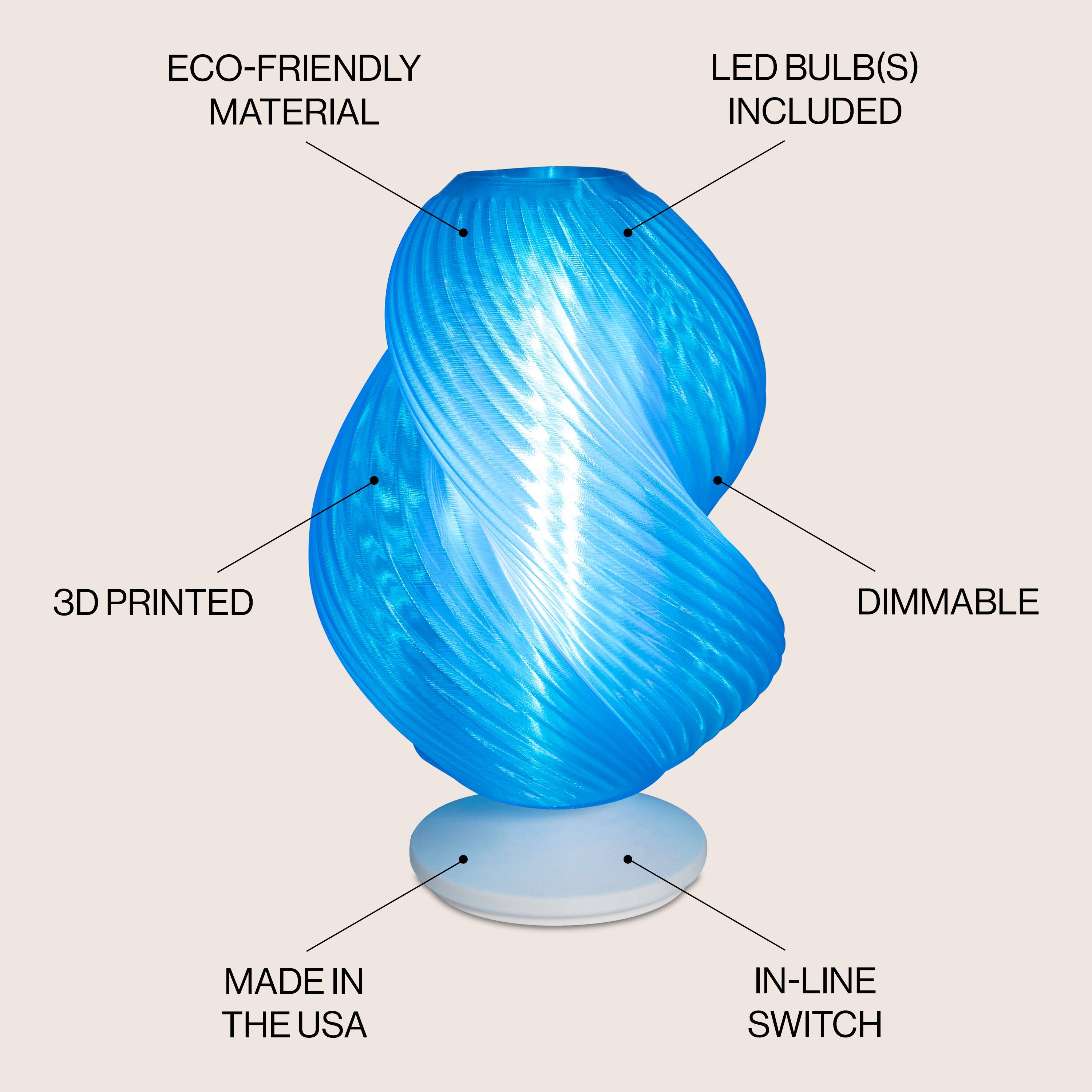 ECO-FRIENDLY MATERIAL  
LED BULB(S) INCLUDED  
3D PRINTED  
DIMMABLE  
MADE IN THE USA  
IN-LINE SWITCH