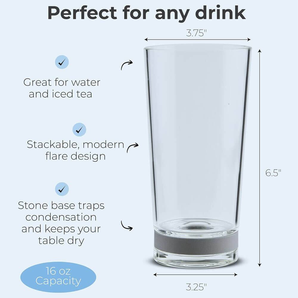 Perfect for any drink

- Great for water and iced tea
- Stackable, modern flare design
- Stone base traps condensation and keeps your table dry

16 oz Capacity

Dimensions:
- Height: 6.5"
- Diameter: 3.75"
- Base: 3.25"
