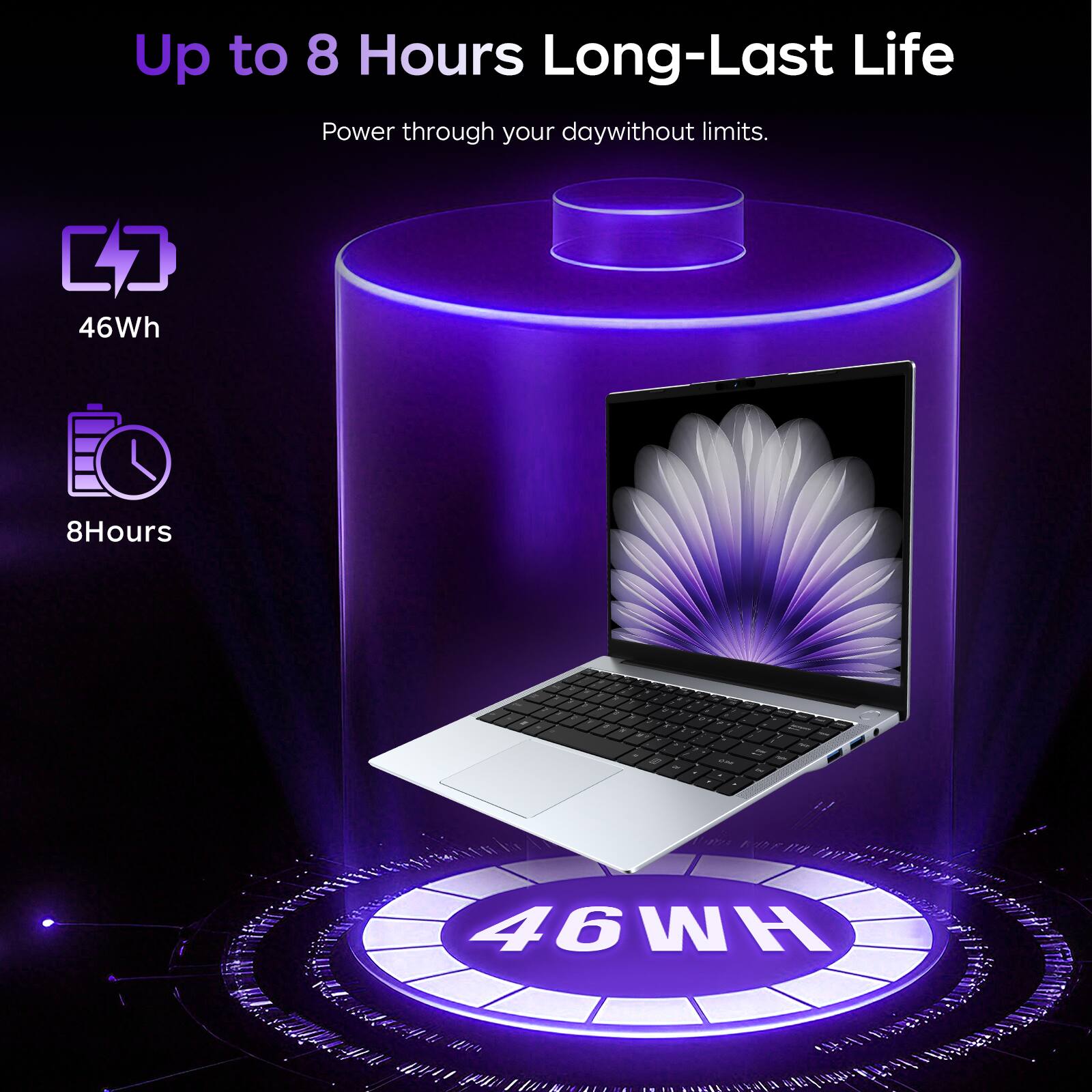 Up to 8 Hours Long-Last Life  
Power through your day without limits.  
46Wh  
8Hours  
46WH