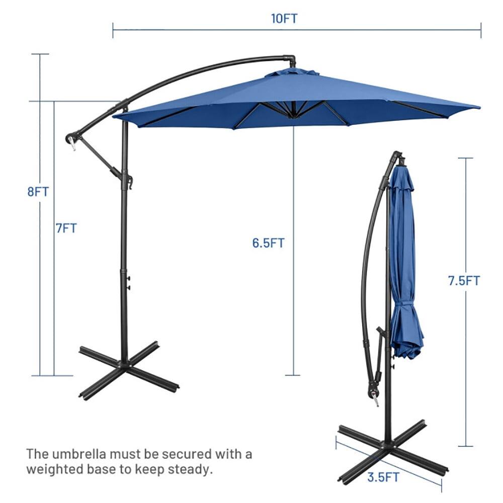 10FT  
8FT  
7FT  
6.5FT  
7.5FT  
3.5FT  

The umbrella must be secured with a weighted base to keep steady.
