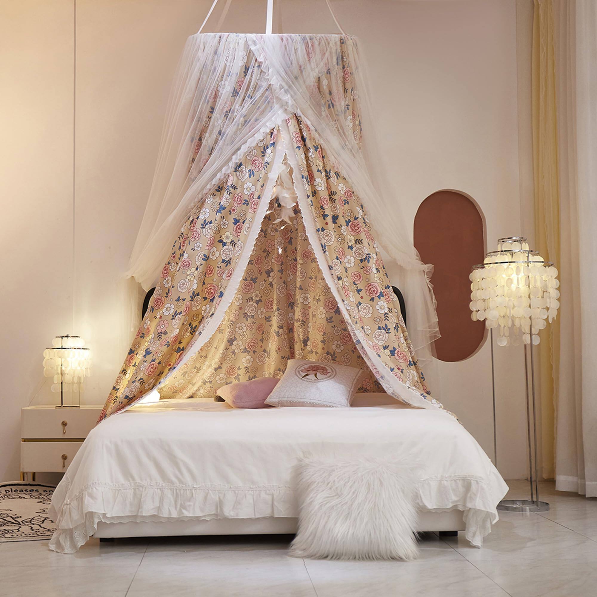 Alt View 5. Paradigms Interiors - Double Layer Princess Round Dome Bed Curtain For Adults Dreamy Mosquito Net Cute Bedroom Decoration Castle Pla - Dome-rust Red/White.