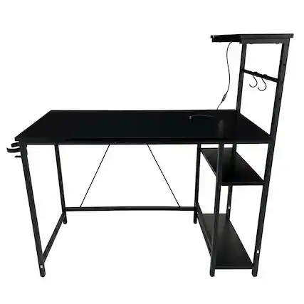 Front. AWPLAY - RGB Gaming Desk Reversible Computer Desk 4-Tier Storage with LED Lighting,Hooks and Cup Holder - Black.