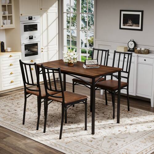 Front. LUCKY ONE - 5-Piece Industrial Dining Set with 43.3" Rectangular Dining Table and 4 Chairs - Walnut.