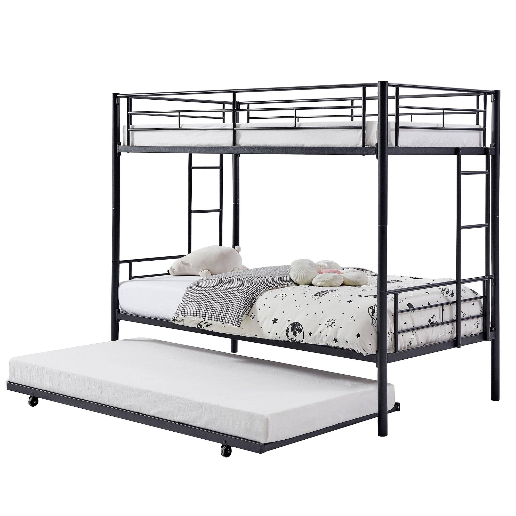 Front. Vecelo - Modern Metal Twin Bunk Bed with Trundle, Convertible Frame with Guardrails & Ladders for Kids or Guest Room - Black.