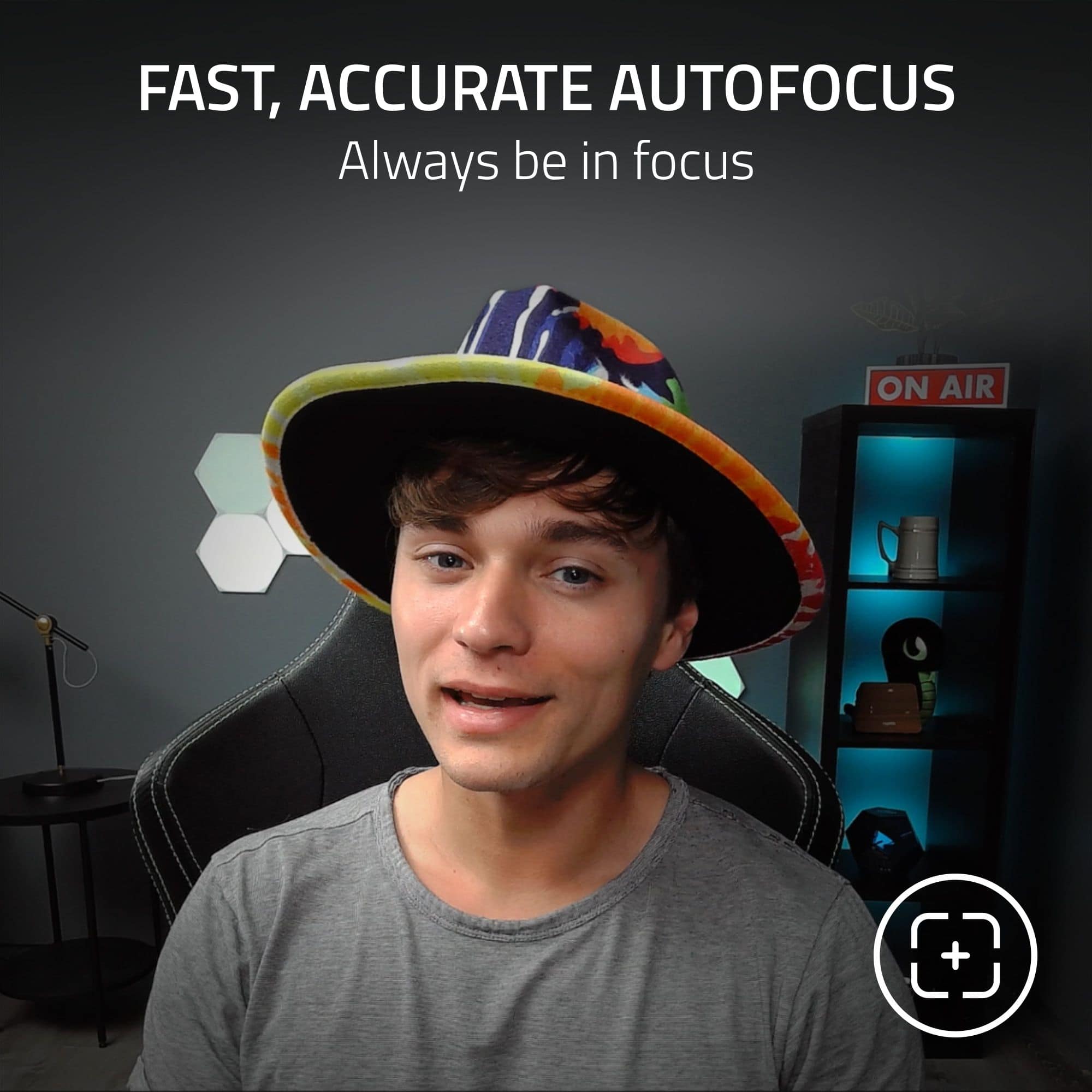 The text on the image reads: "FAST, ACCURATE AUTOFOCUS Always be in focus ON AIR."