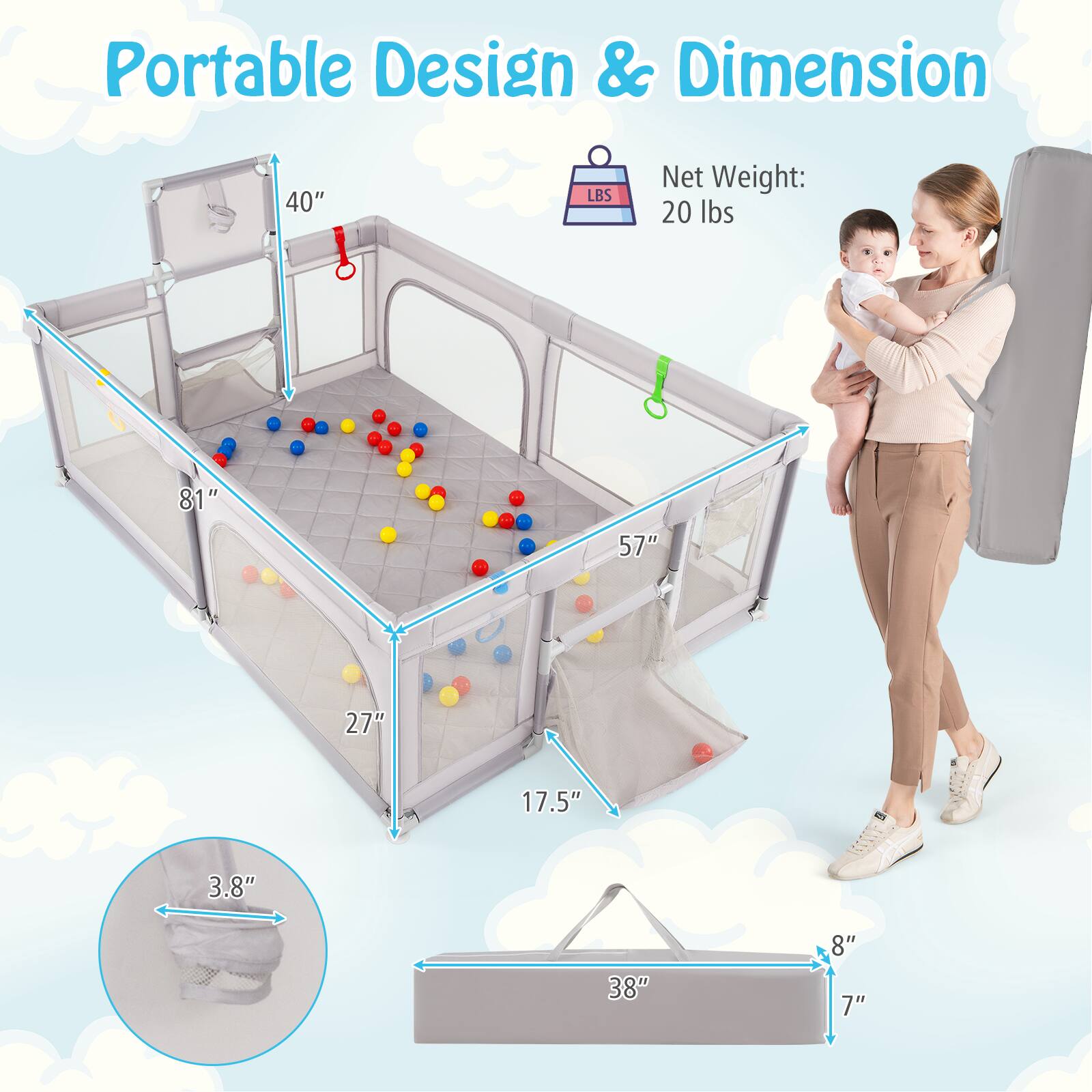 Portable Design & Dimension

Net Weight: 20 lbs

Dimensions:
- Length: 81"
- Width: 57"
- Height: 40"
- Depth: 27"
- Height of Entrance: 17.5"
- Height of Bottom: 3.8"
- Folded Length: 38"
- Folded Width: 8"
- Folded Height: 7"