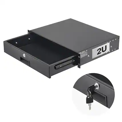 Front. VEVOR - 2U Rack Mount Drawer, 50 lbs Max Load-Bearing, Lockable Server Cabinet Case, Sliding Drawer with Lock - Black.