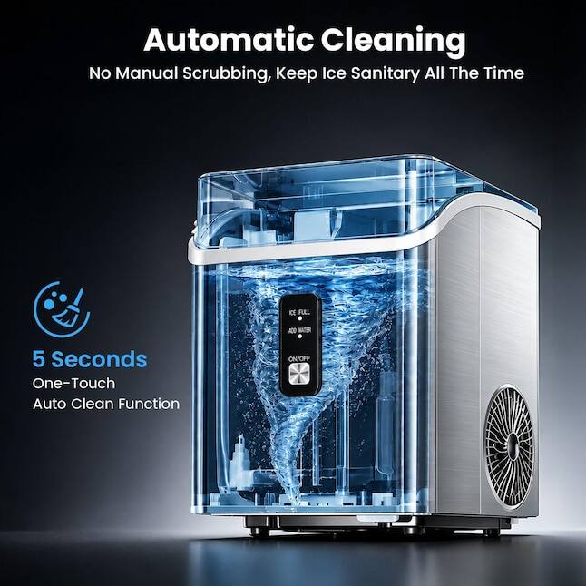 Automatic Cleaning  
No Manual Scrubbing, Keep Ice Sanitary All The Time  

ICE FULL  
ADD WATER  

5 Seconds One-Touch Auto Clean Function  
ON/OFF
