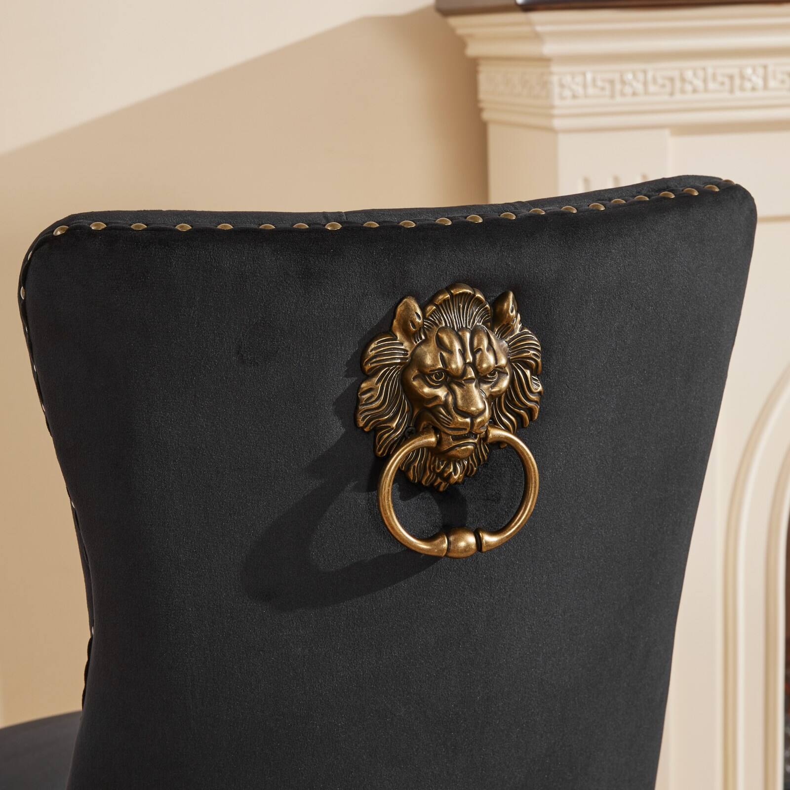 Alt View 6. Loheer - Loheer Black Velvet Dining Chairs Set of 2 Mid-Century Modern Tufted Solid Wood Golden Legs Lion Head Pull Ring - Black.
