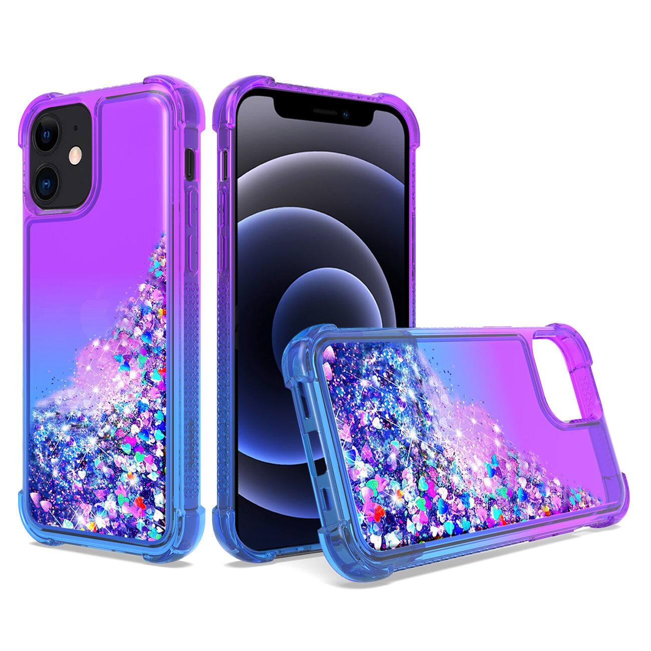 Front. Reiko - Shiny Flowing Glitter Liquid Bumper Case For Apple Iphone 12 Mini In Purple - Purple.