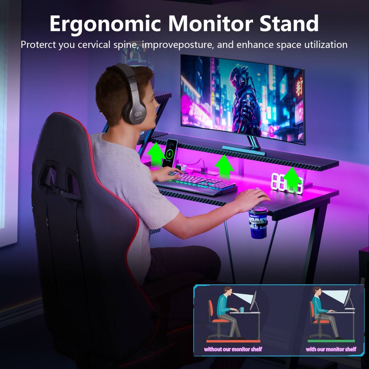 Ergonomic Monitor Stand  
Protect your cervical spine, improve posture, and enhance space utilization

EDGB WANGDAI 2020 RLD

without our monitor shelf  
with our monitor shelf