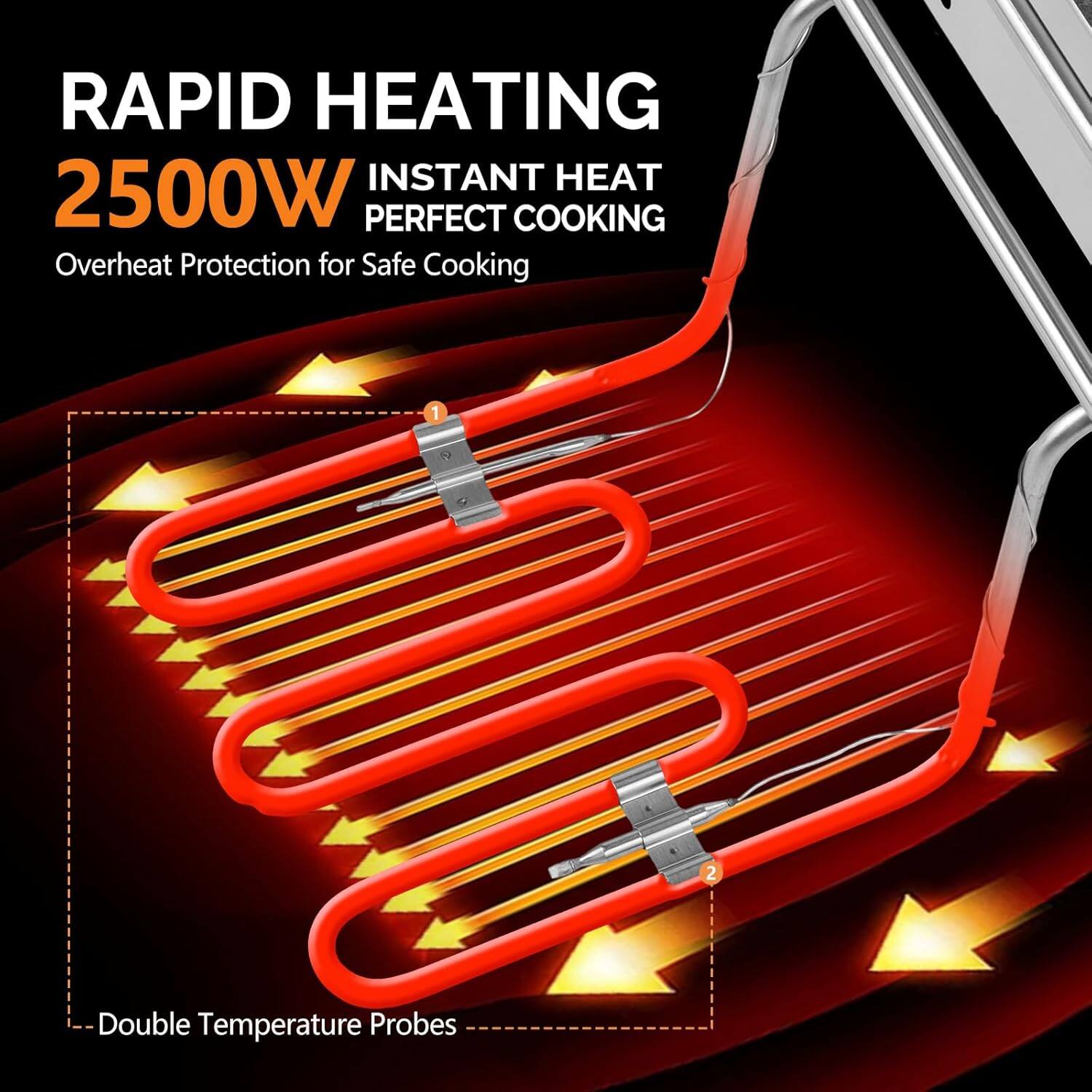 RAPID HEATING  
2500W  
INSTANT HEAT  
PERFECT COOKING  
Overheat Protection for Safe Cooking  

1 N 2 Double Temperature Probes