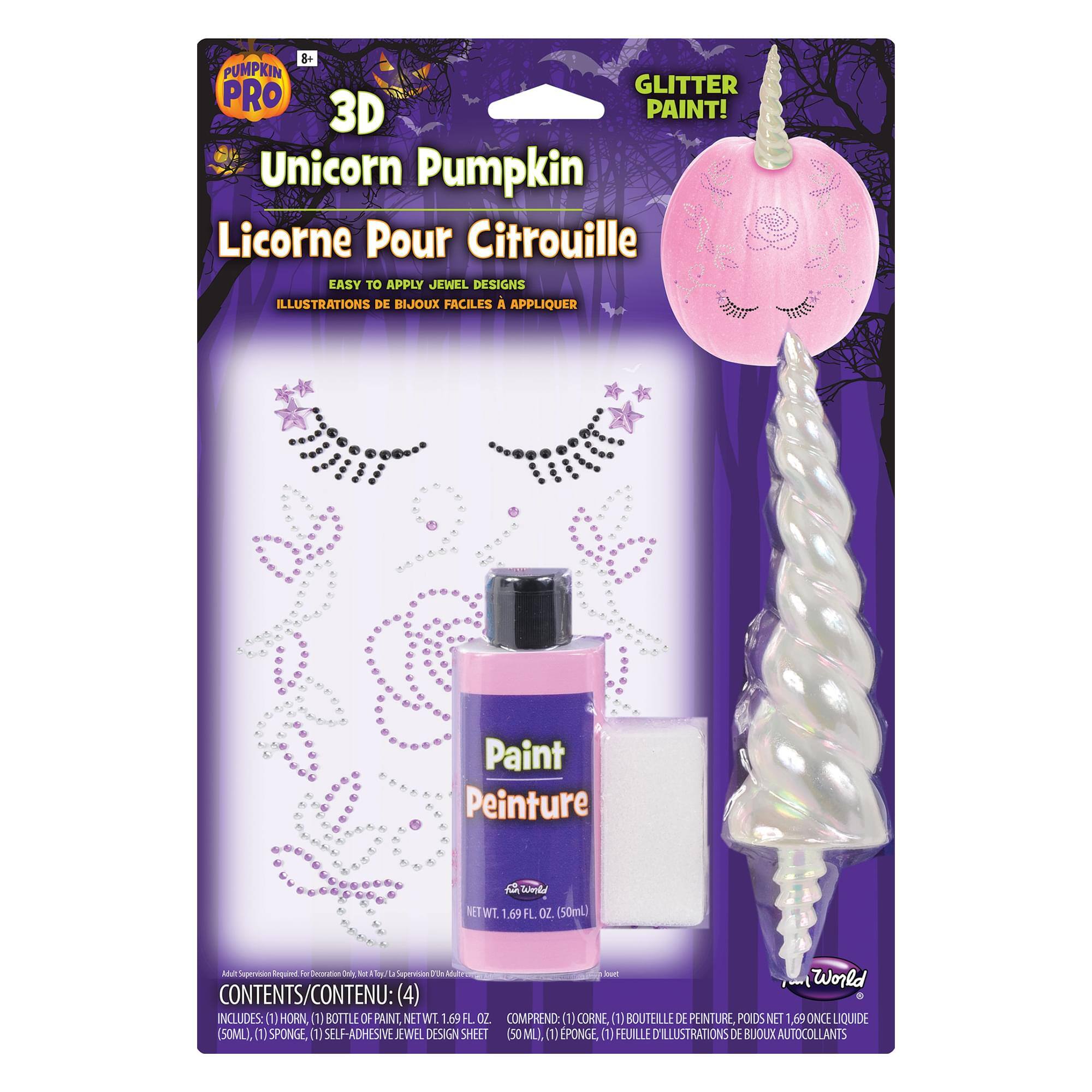 8+ PUMPKIN PRO 3D PAINT! Unicorn Pumpkin Licorne Pour Citrouille EASY TO APPLY JEWEL DESIGNS ILLUSTRATIONS DE BIJOUX FACILES À APPLIQUER Paint Peinture Fard NET WT. 1.69 FL OZ. (50mL) M Speran M L i World CONTENTS/CONTENU: (4) INCLUDES: (1) HORN, (1) BOTTLE OF PAINT .69 FL OZ COMPREND (1) CORNE, (1) BOUTEILLE DE PEINTURE POIDS NET .65 ONCE LIQUIDE (50ML), (1) SPONGE, (1) SELF-ADHESIVE JEWEL DESIGN SHEET