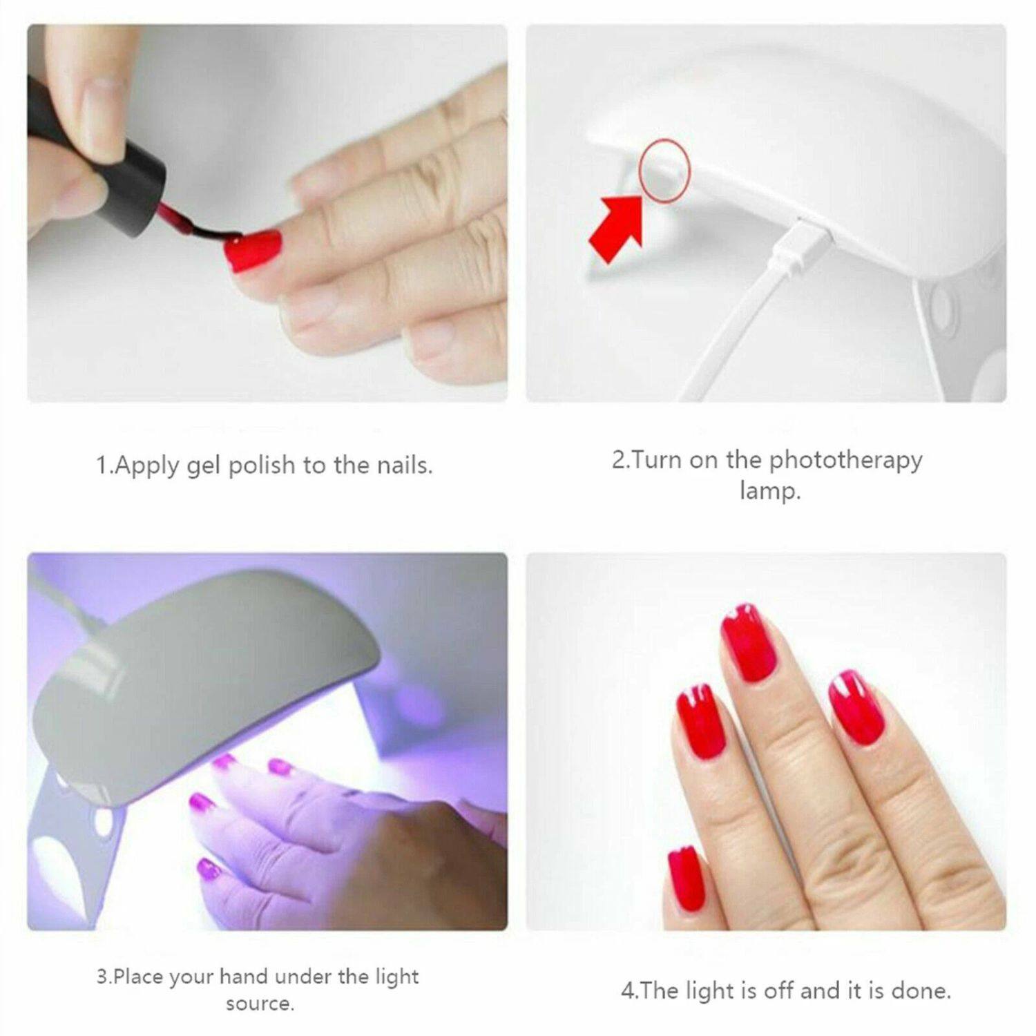 1. Apply gel polish to the nails.
2. Turn on the phototherapy lamp.
3. Place your hand under the light source.
4. The light is off and it is done.