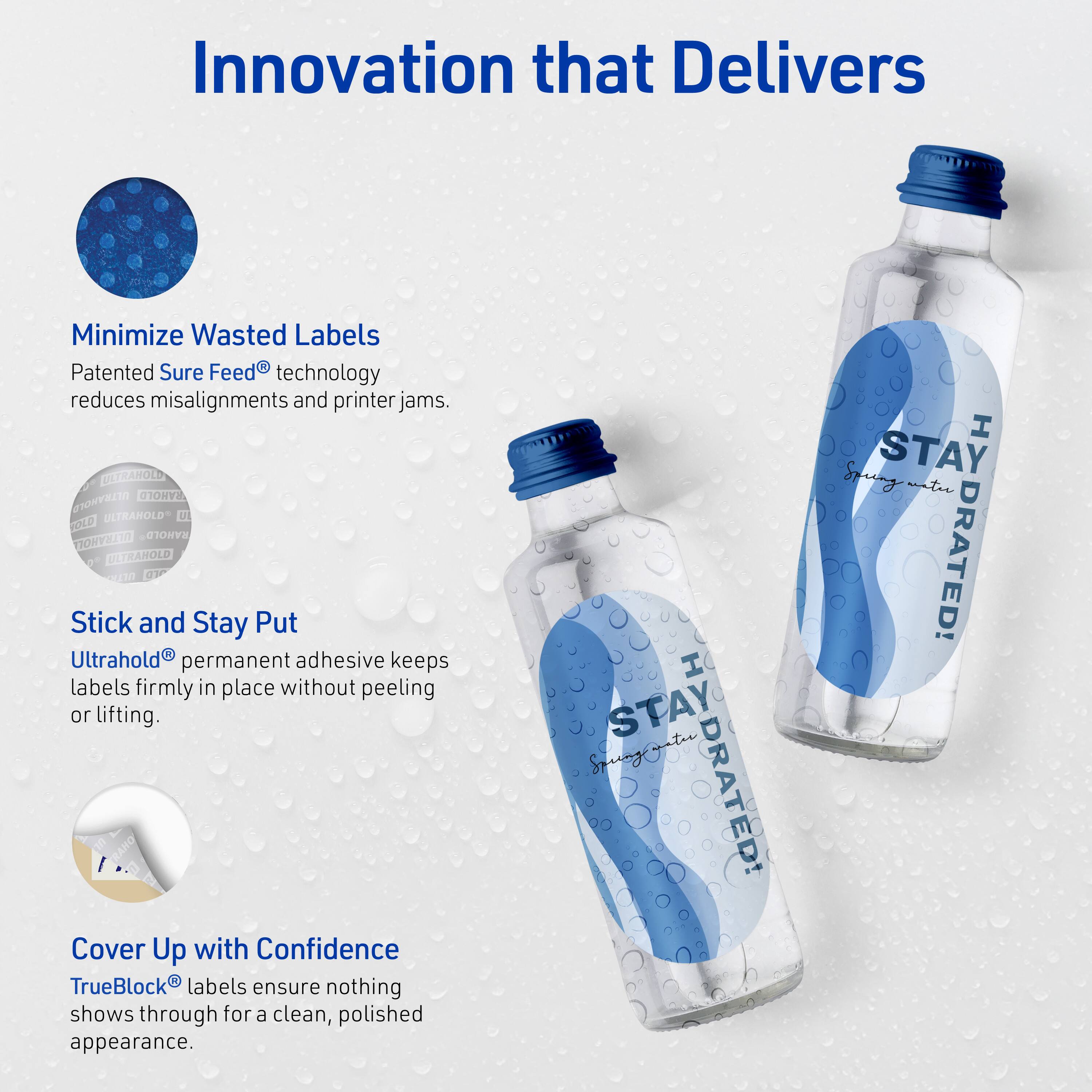 Innovation that Delivers

Minimize Wasted Labels  
Patented Sure Feed® technology reduces misalignments and printer jams.

Stick and Stay Put  
Ultrahold® permanent adhesive keeps labels firmly in place without peeling or lifting.

Cover Up with Confidence  
TrueBlock® labels ensure nothing shows through for a clean, polished appearance.