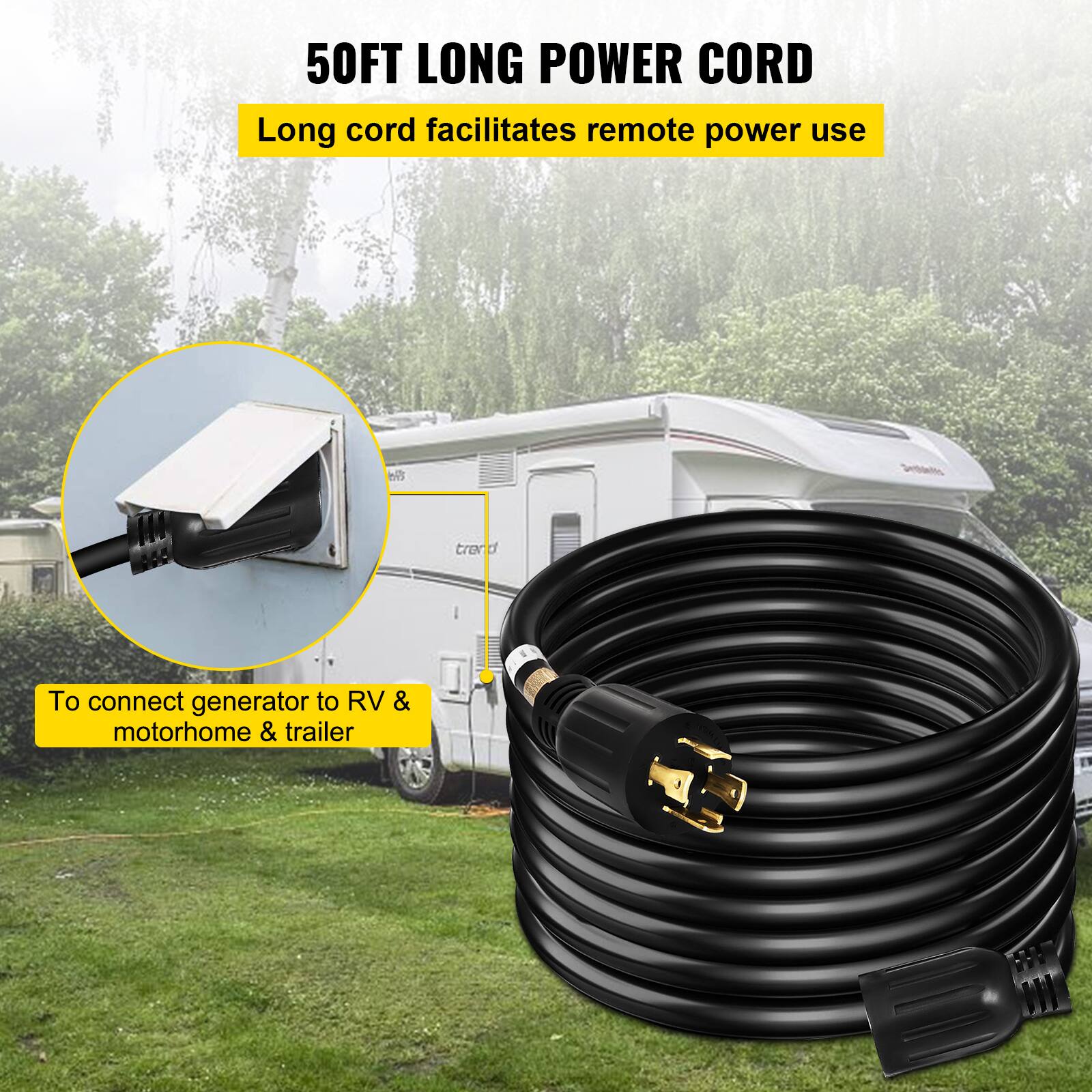50FT LONG POWER CORD

Long cord facilitates remote power use.

To connect generator to RV, motorhome & trailer.