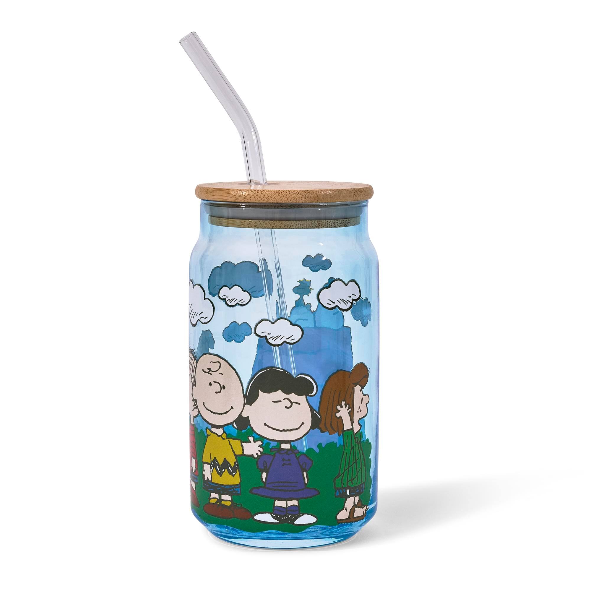 Alt View 10. Silver Buffalo - Peanuts Gang Snoopy and Friends 16-Ounce Glass Tumbler With Bamboo Lid and Glass Straw - Blue.