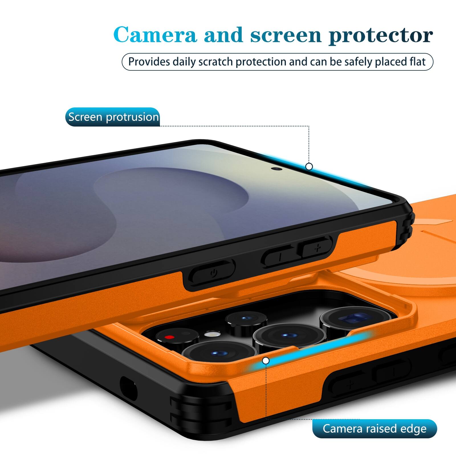 Camera and screen protector  
Provides daily scratch protection and can be safely placed flat  

Screen protrusion  
Camera raised edge