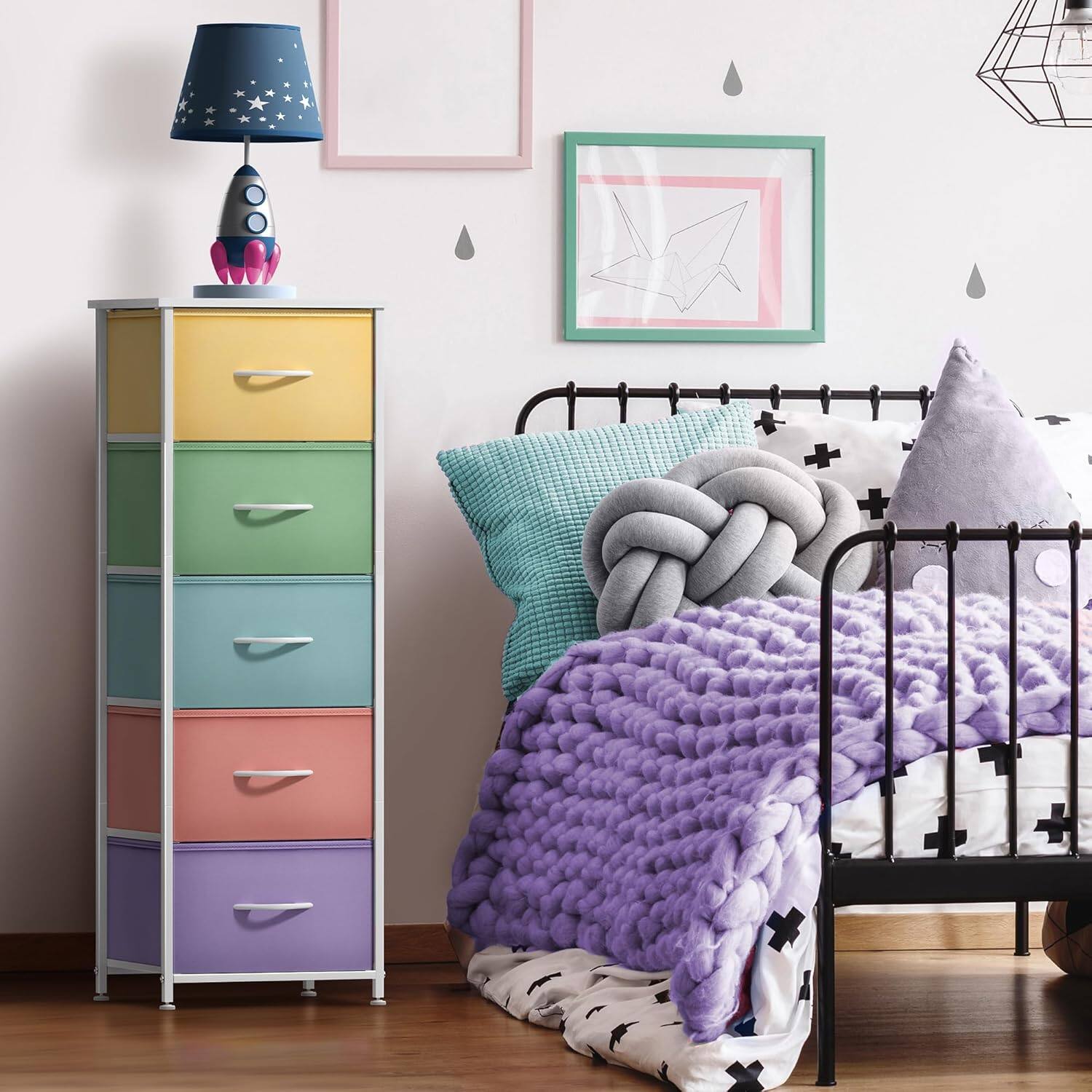 Angle. Sorbus - Sorbus Fabric Dresser for Kids Bedroom, Chest of 5 Drawers, Tall Storage Tower Clothing Organizer for Playroom - Pastel.