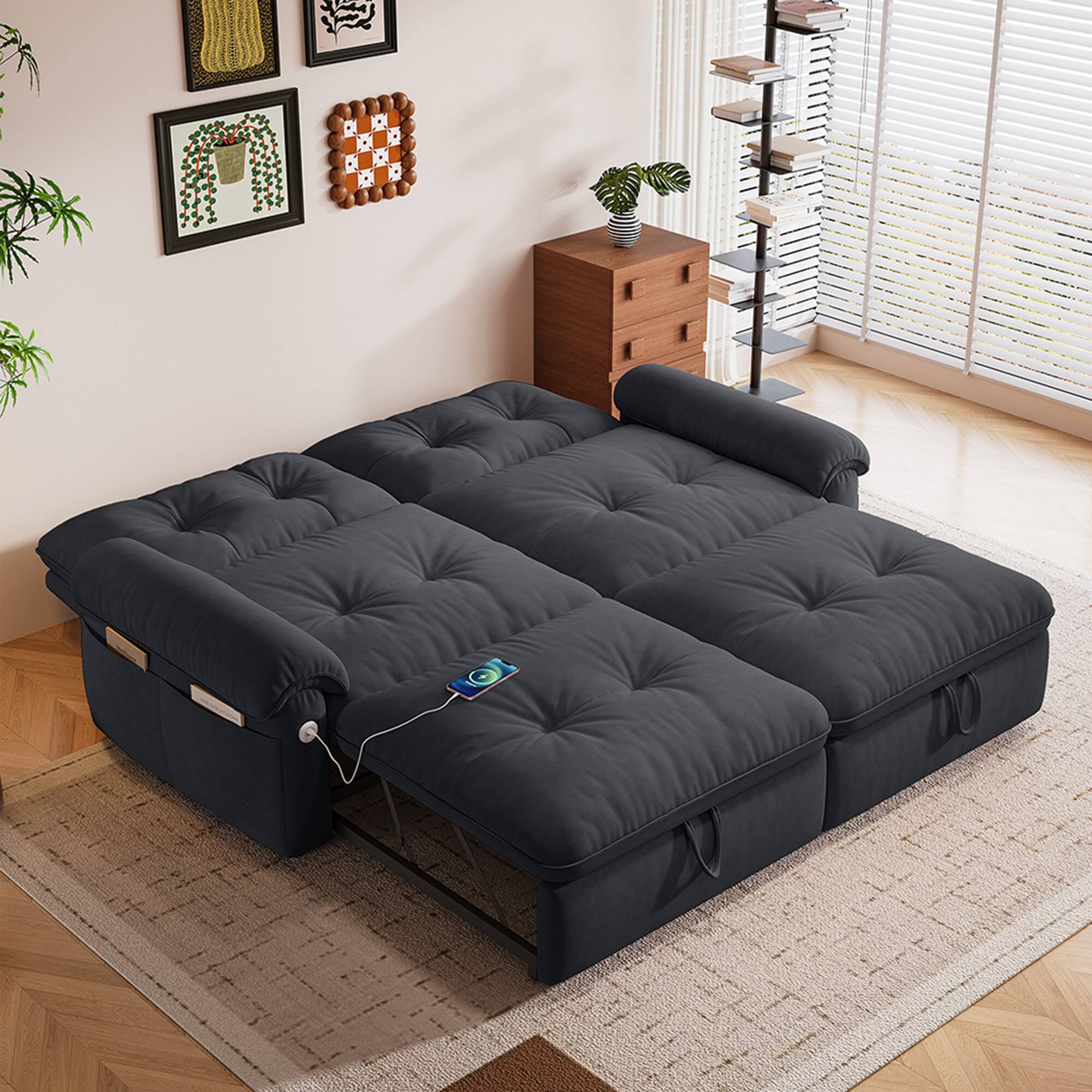 Alt View 6. Boyel Living - 77in 2 in 1 Convertible Sofa Bed Cloud Like Fabric Steel Frame 600 lbs Load Capacity Small Space Grey - Gray.