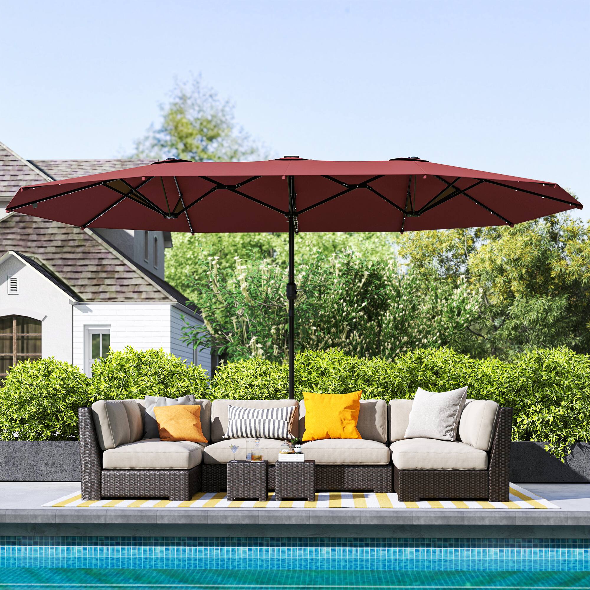 Alt View 8. Outsunny - Parasol 14.4ft Double-Sided Sun Umbrella with Base, Patio Parasol with LED Solar Lights - Wine Red.