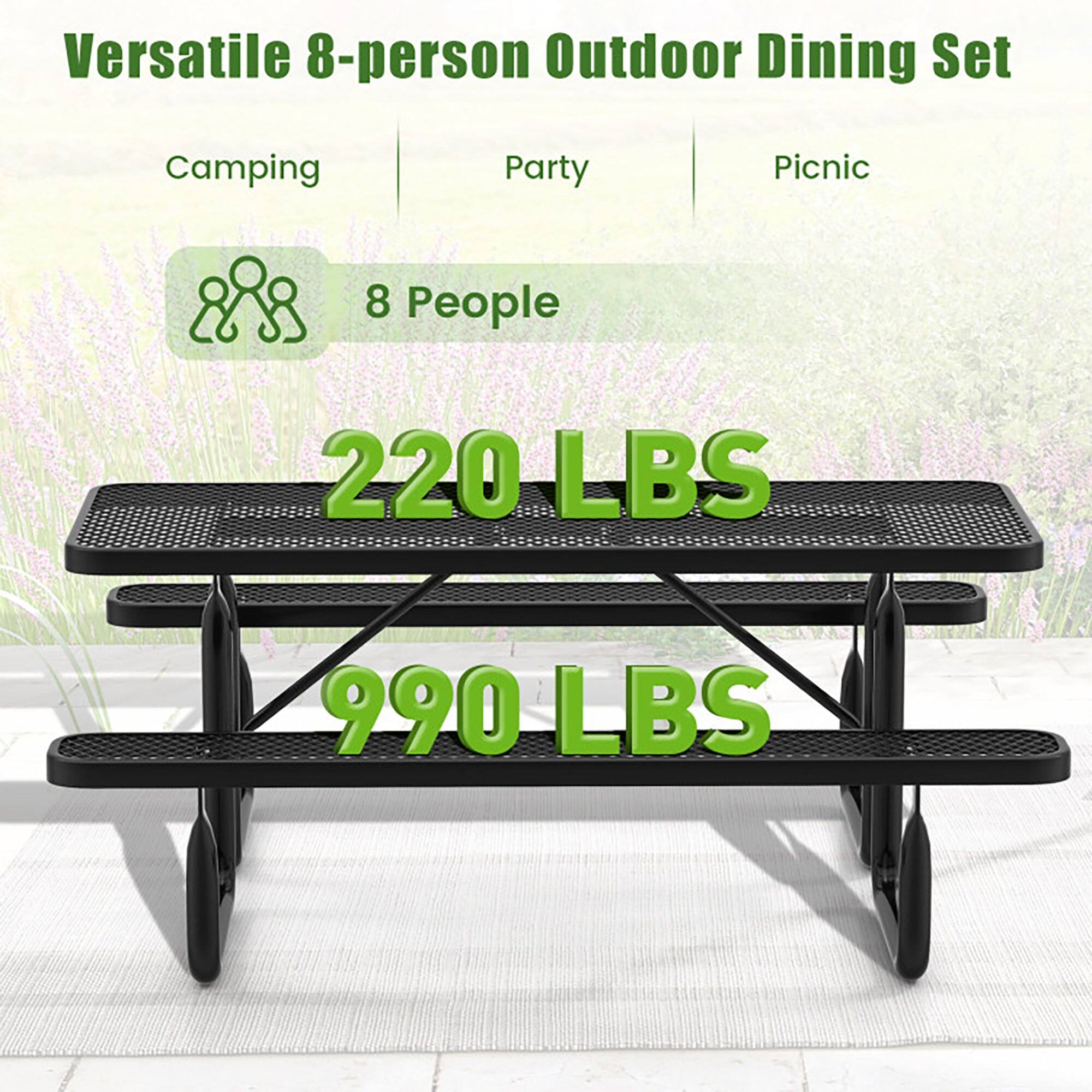Versatile 8-person Outdoor Dining Set  
Camping | Party | Picnic  
8 People  
220 LBS  
990 LBS