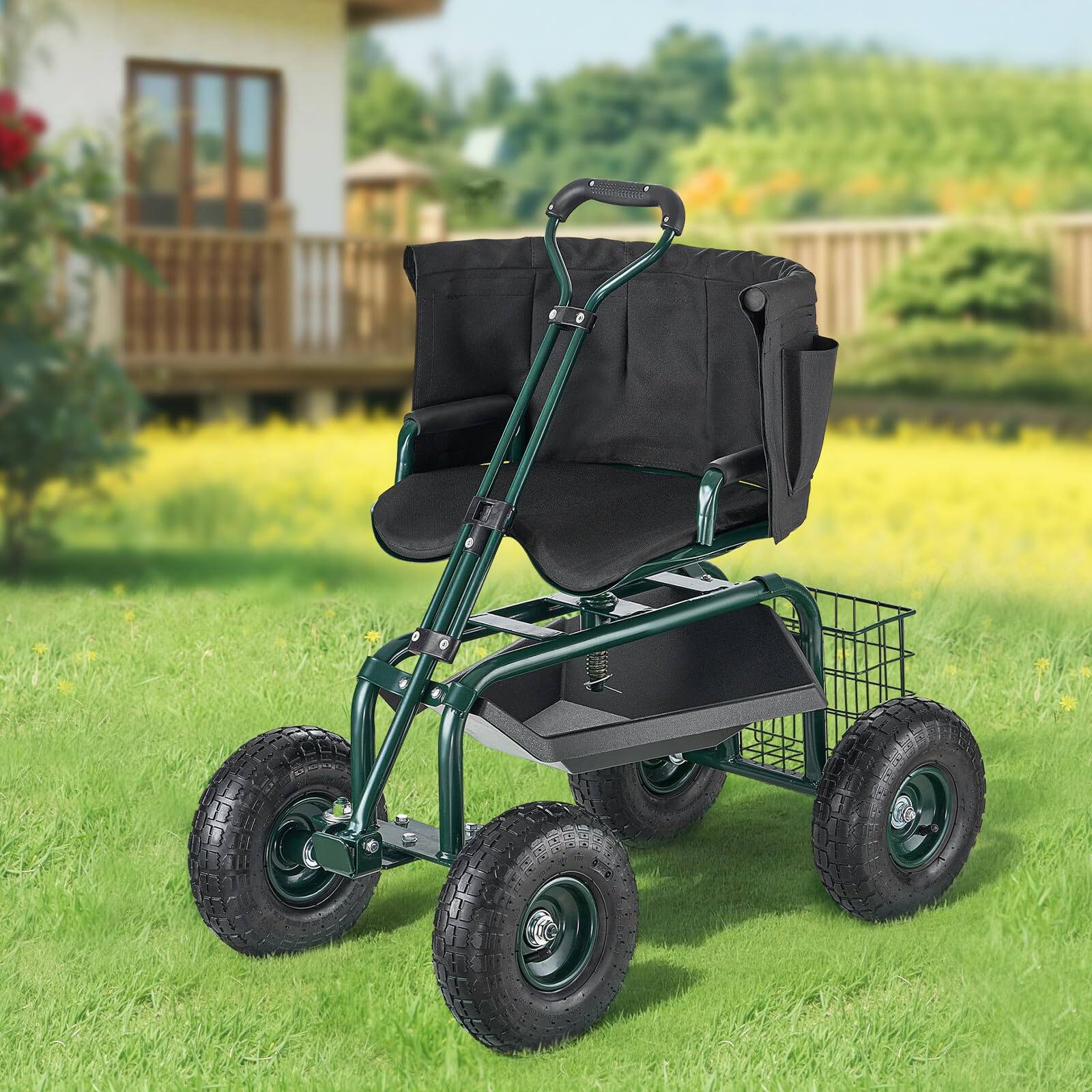 Alt View 5. JETRANSPORT - Rolling Garden Seat With Wheels Gardening Stool Height Adjustable & 360°swivel Backrest Tool Storage - Green Black 3 IN 1 Seat Storage and Cart.