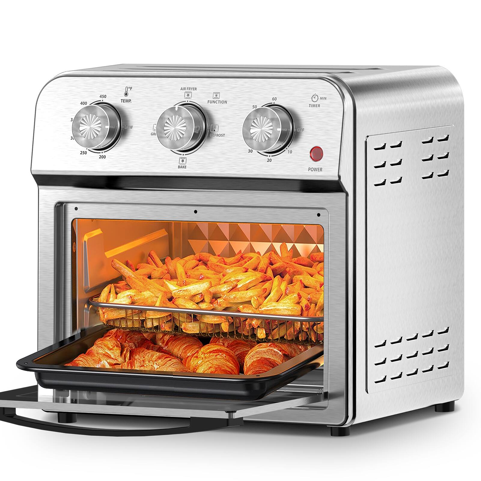 400 450 TEMP.  
250 200  
AIR FRYER  
FUNCTION  
TIMER  
POWER  
60  
50  
40  
30  
20  
10  
MIN  
BAKE  
DEEP FRY  
DEEP FROST