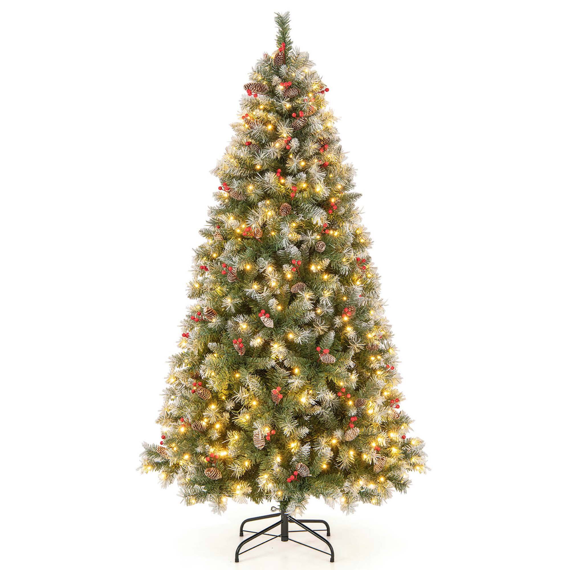 Front. Costway - 6.5 FT Artificial Christmas Tree Hinged w/ 420 Warm LED Lights & 207 Red Berries - Green/White.