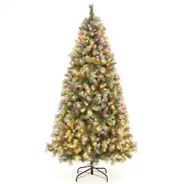 Costway - 6.5 FT Artificial Christmas Tree Hinged w/ 420 Warm LED Lights & 207 Red Berries - Green/White