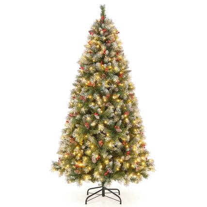 Front. Costway - 6.5 FT Artificial Christmas Tree Hinged w/ 420 Warm LED Lights & 207 Red Berries - Green/White.