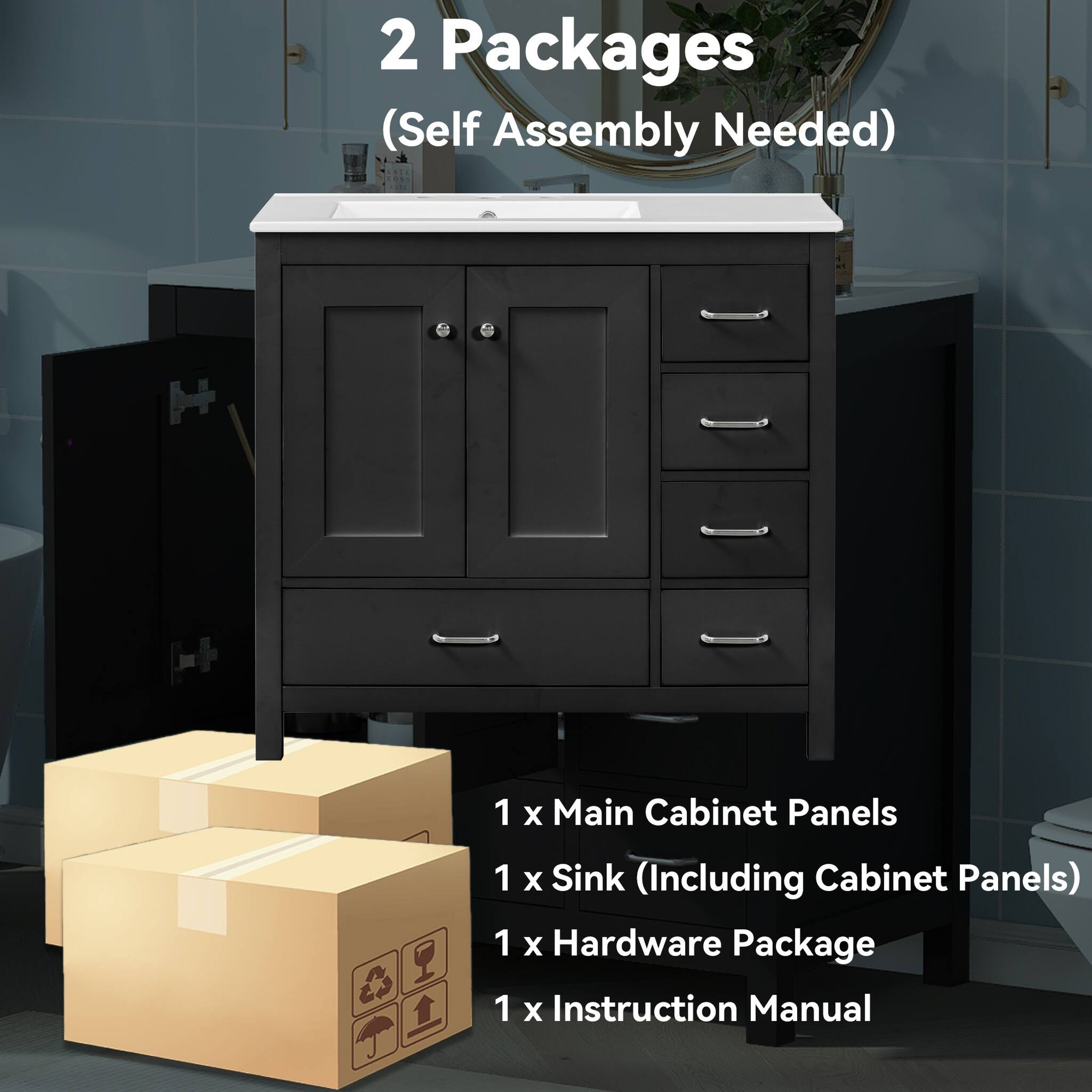 2 Packages (Self Assembly Needed)

1 x Main Cabinet Panels  
1 x Sink (Including Cabinet Panels)  
1 x Hardware Package  
1 x Instruction Manual
