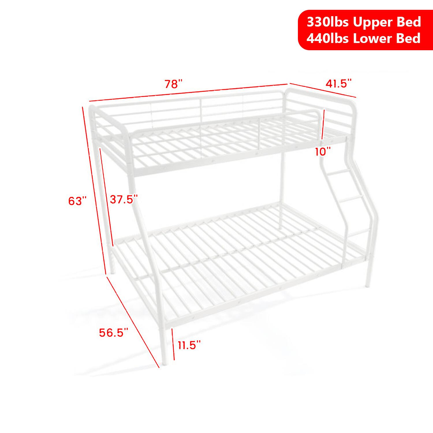 330lbs Upper Bed  
440lbs Lower Bed  

78"  
41.5"  
10"  
63"  
37.5"  
56.5"  
11.5"