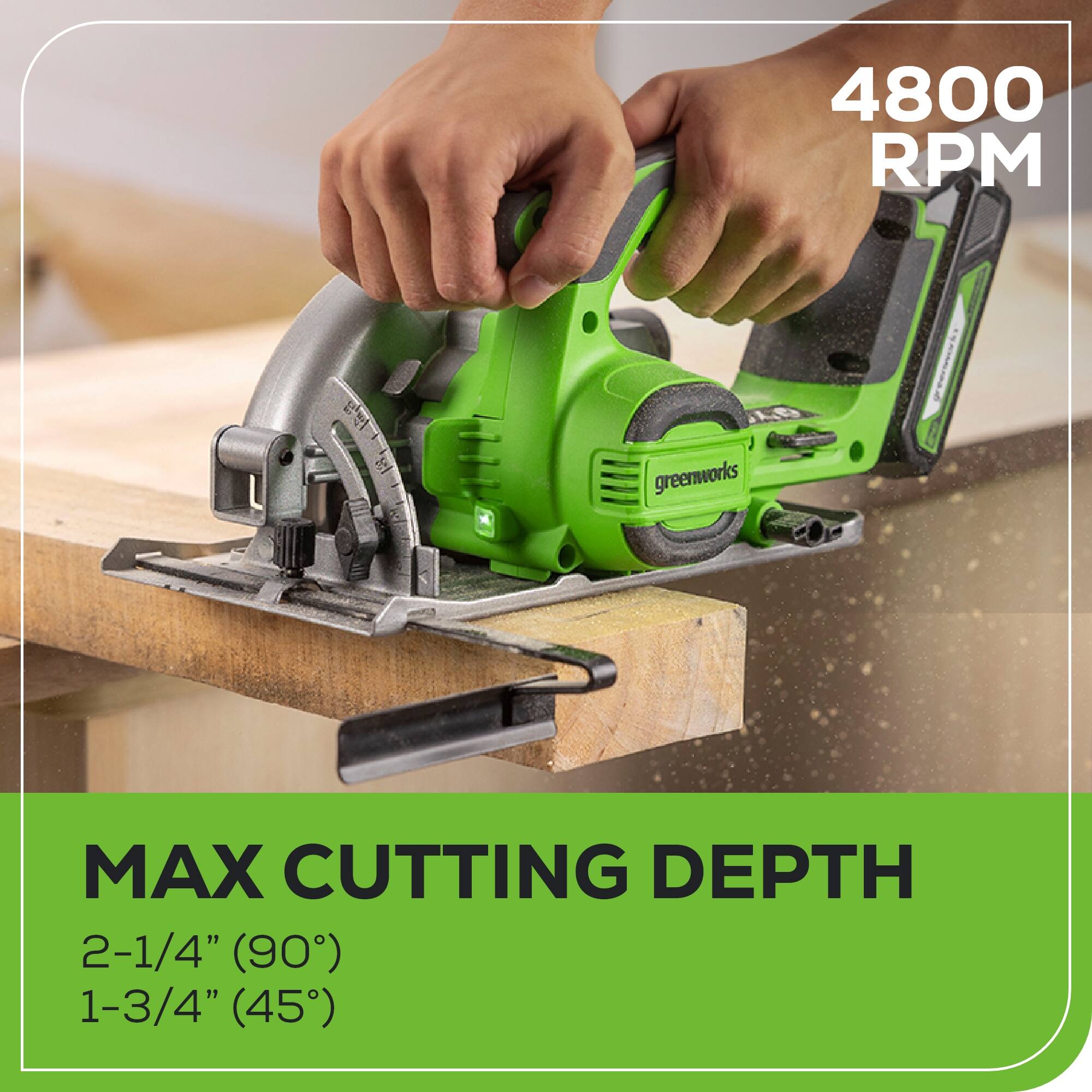 4800 RPM  
MAX CUTTING DEPTH  
2-1/4" (90°)  
1-3/4" (45°)