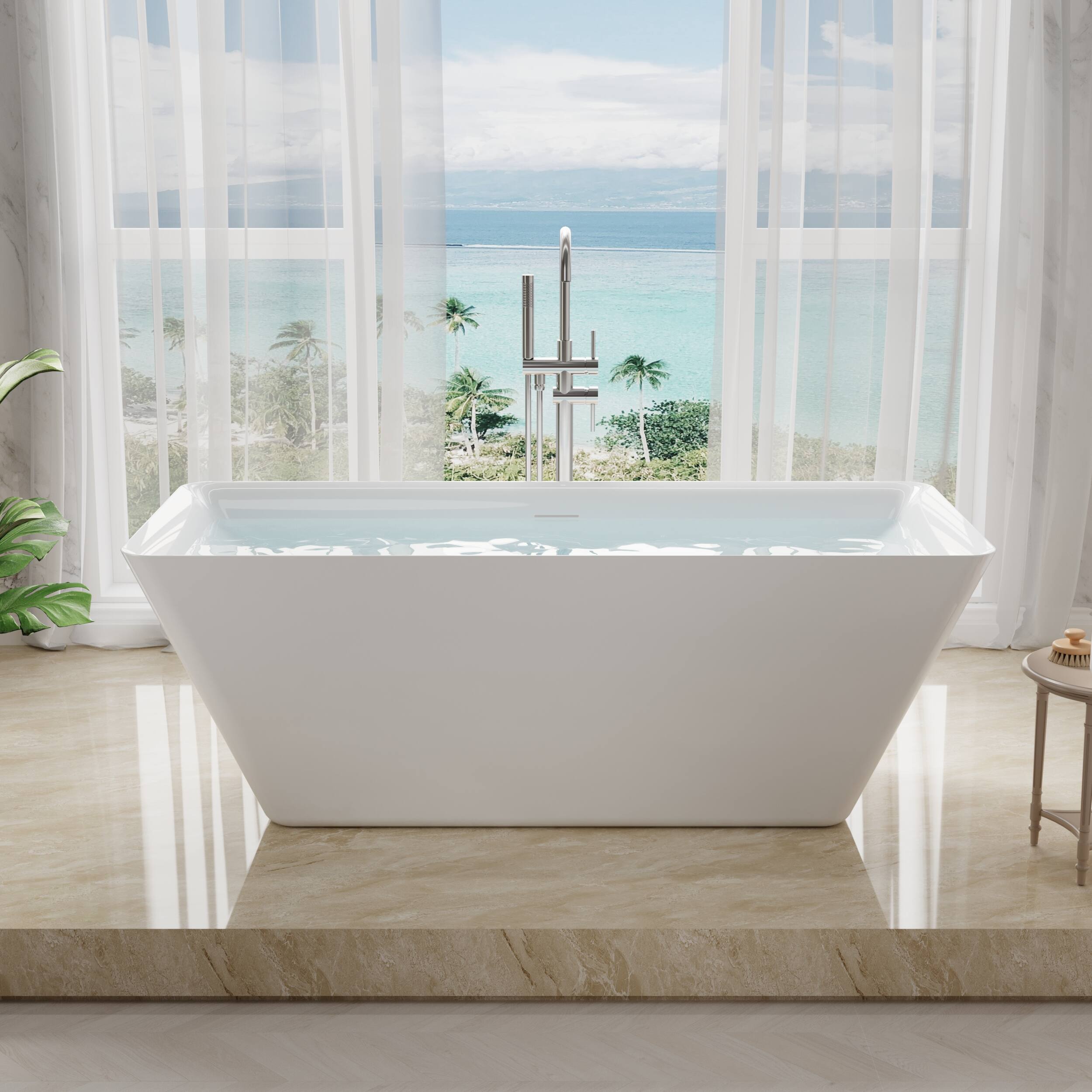 Front. WELLFOR - Square 66 in. Acrylic Flat Bottom Double Ended Freestanding Soaking  Bathtub with Drain and Overflow - White.