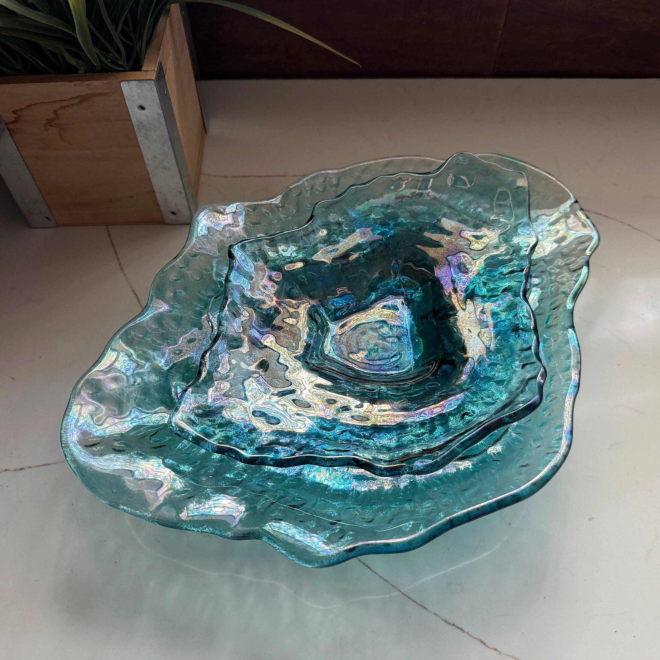 Alt View 5. Things2Die4 - Set of 2 Oyster Shaped Decorative Plates Blue Iridescent Glass 13 In - Blue.