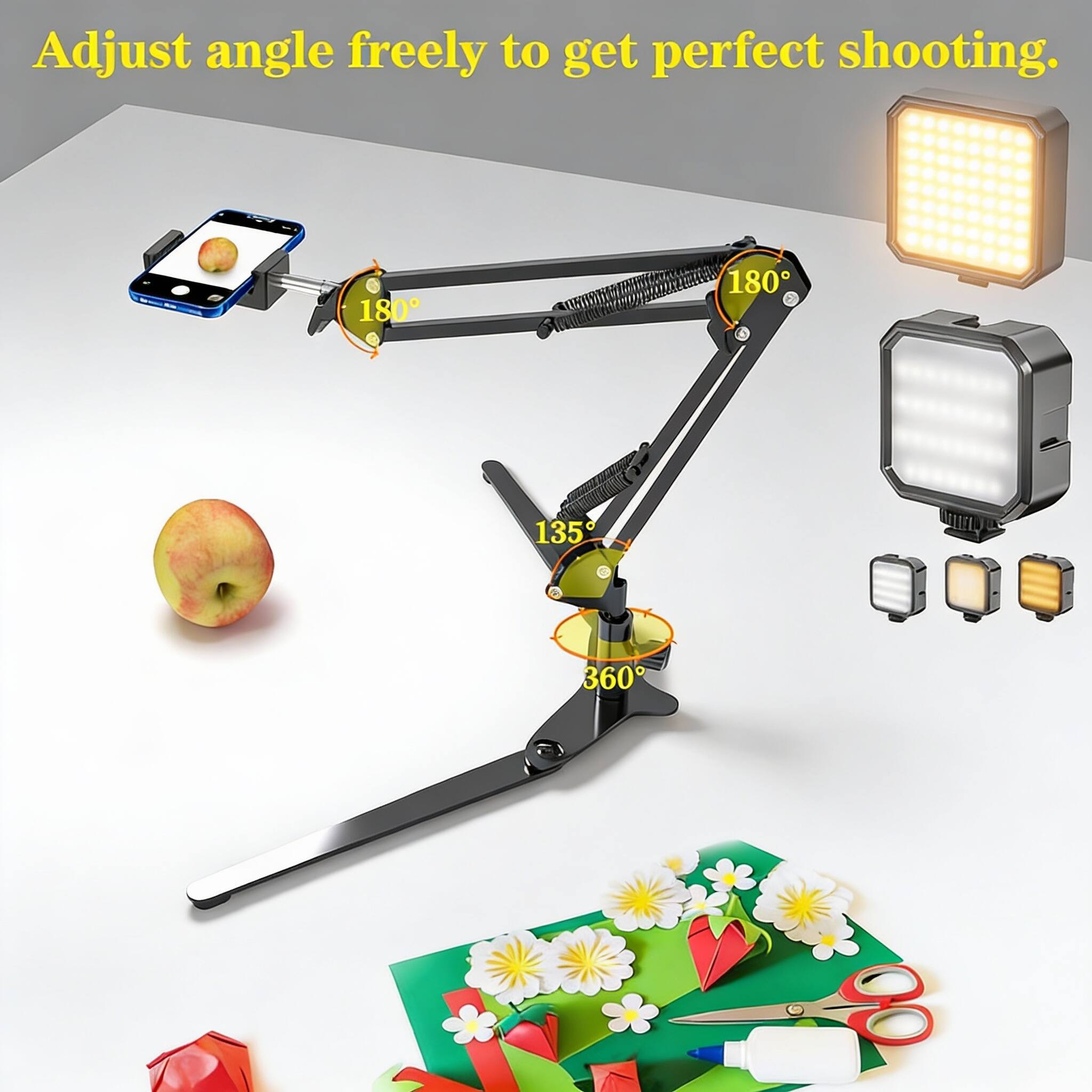 Adjust angle freely to get perfect shooting.  
180°  
180°  
135°  
360°