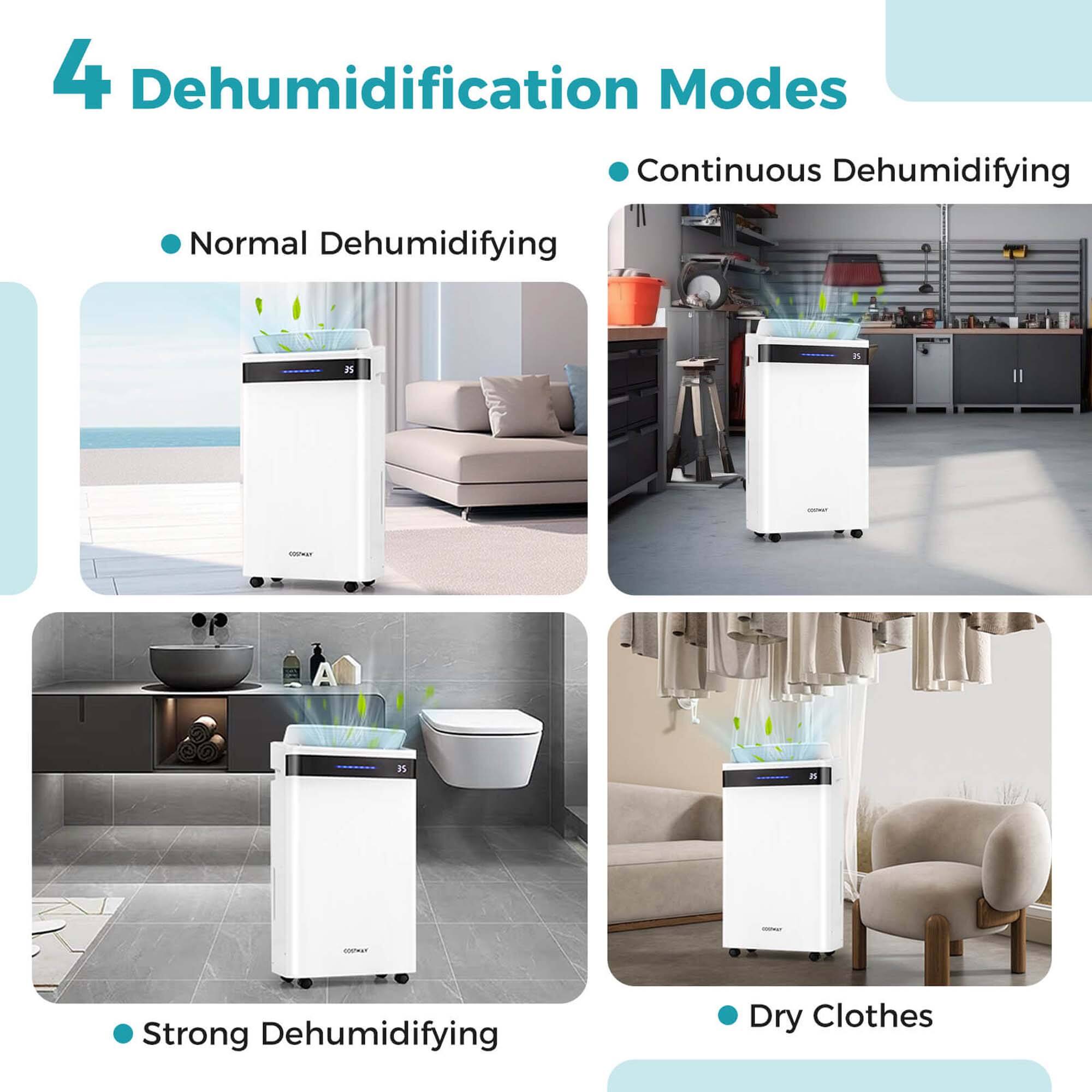 4 Dehumidification Modes:

1. Continuous Dehumidifying: This mode is designed for continuous operation, maintaining a consistent humidity level in the room.
2. Normal Dehumidifying: This mode is suitable for everyday use, removing moisture from the air at a moderate rate.
3. Strong Dehumidifying: This mode is ideal for more intense dehumidification, quickly reducing humidity levels in the room.
4. Dry Clothes: This mode is specifically designed for drying clothes after washing, ensuring they are completely dry and fresh.
