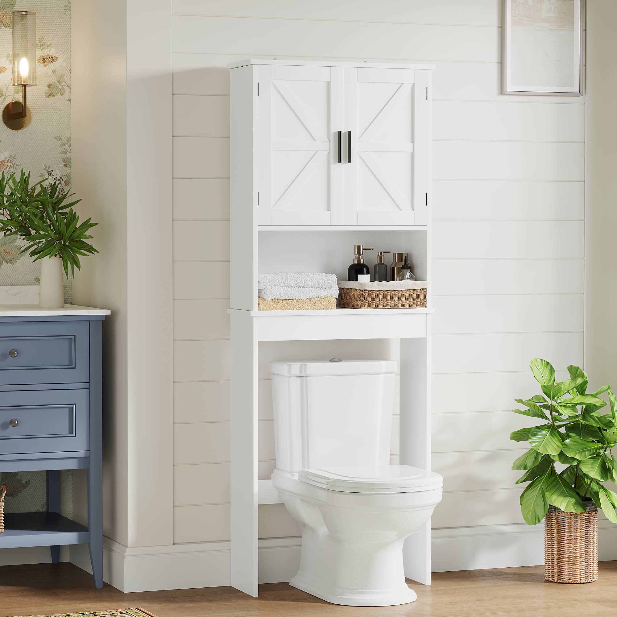 Front. Z-Edge - Over The Toilet Storage Cabinet with Adjustable Shelf, Bathroom Space Saver Organizer with 2 Doors and Open Shelf - White.