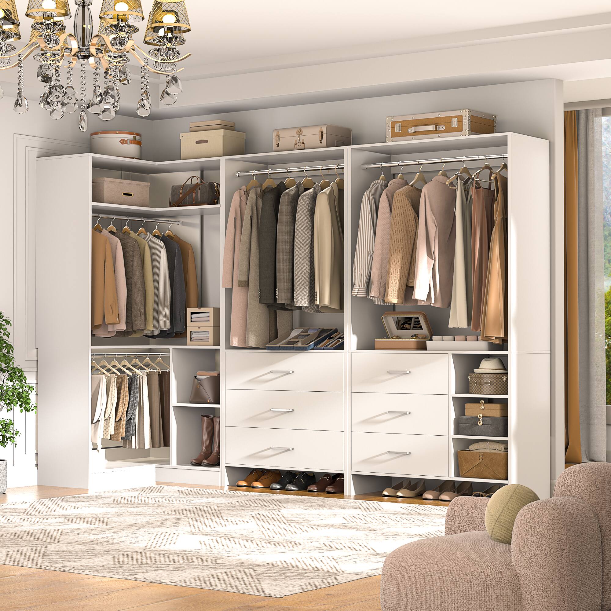 Alt View 6. Aheaplus - L Shaped Closet System with 4 Drawers, 4 Hanging Rods, and Corner Tower, 80.9'' Corner Wardrobe System, Reversible - White.